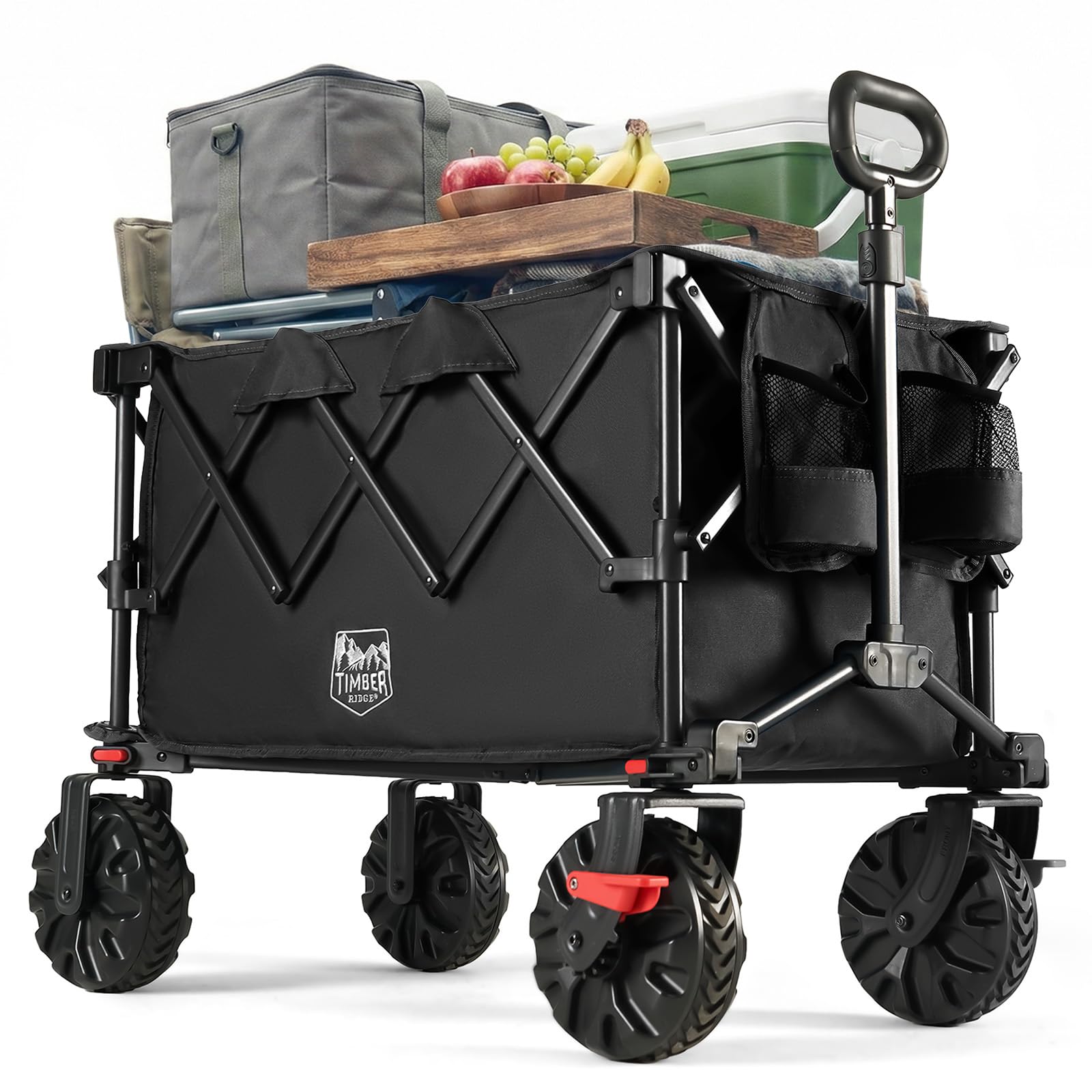 TIMBER RIDGE Chariot de Plage 250L Pliable Roues Tout-Terrain Amovibles avec Freins, Poignée Télescopique Réglable, Porte-Gobelet pour Plage, Camping, Festivals, Jardin Et Pique-Nique Extérieur