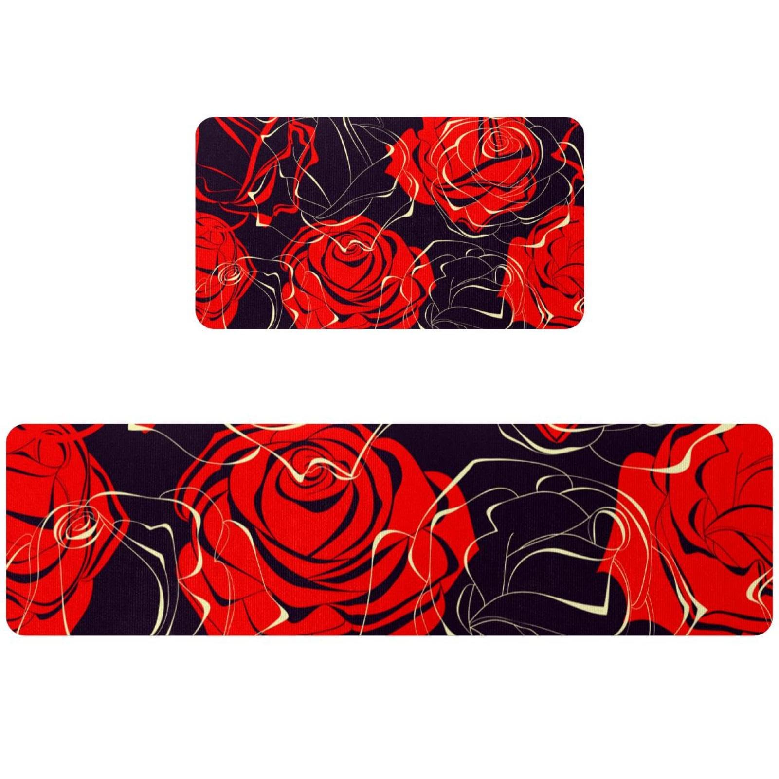 Set de 2 alfombrillas de cocina con rosas rojas antideslizantes y lavables