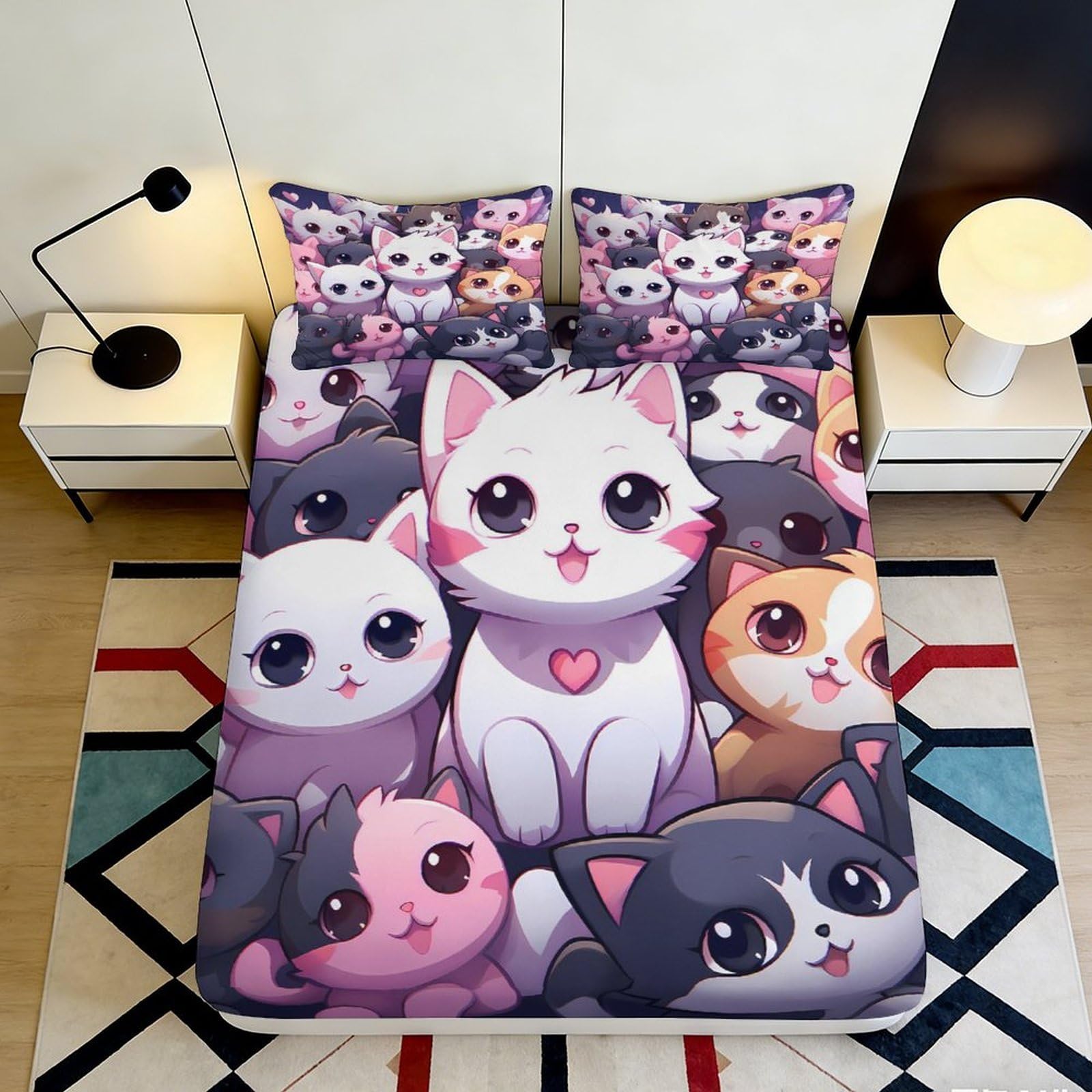 3D Printed Cute Cat Cartoon Fitted Sheet Microfiber Soft Anti-Slip Mattress Cover for Bedroom Dorm Room Apartment Decor 90x200x25cm