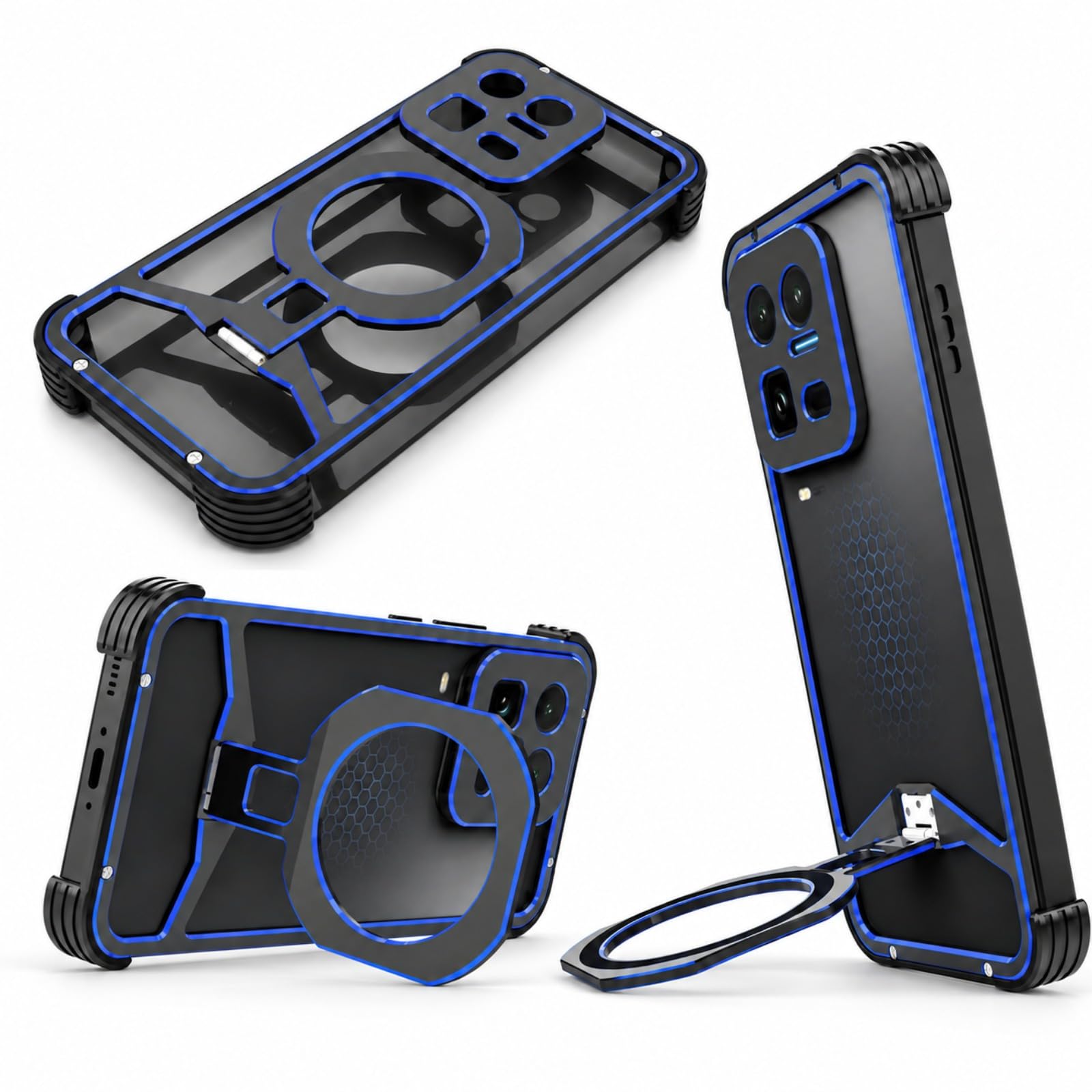 Genérico Funda con Soporte para iQOO 15 Ultra, Marco Metálico, Negro-Azul