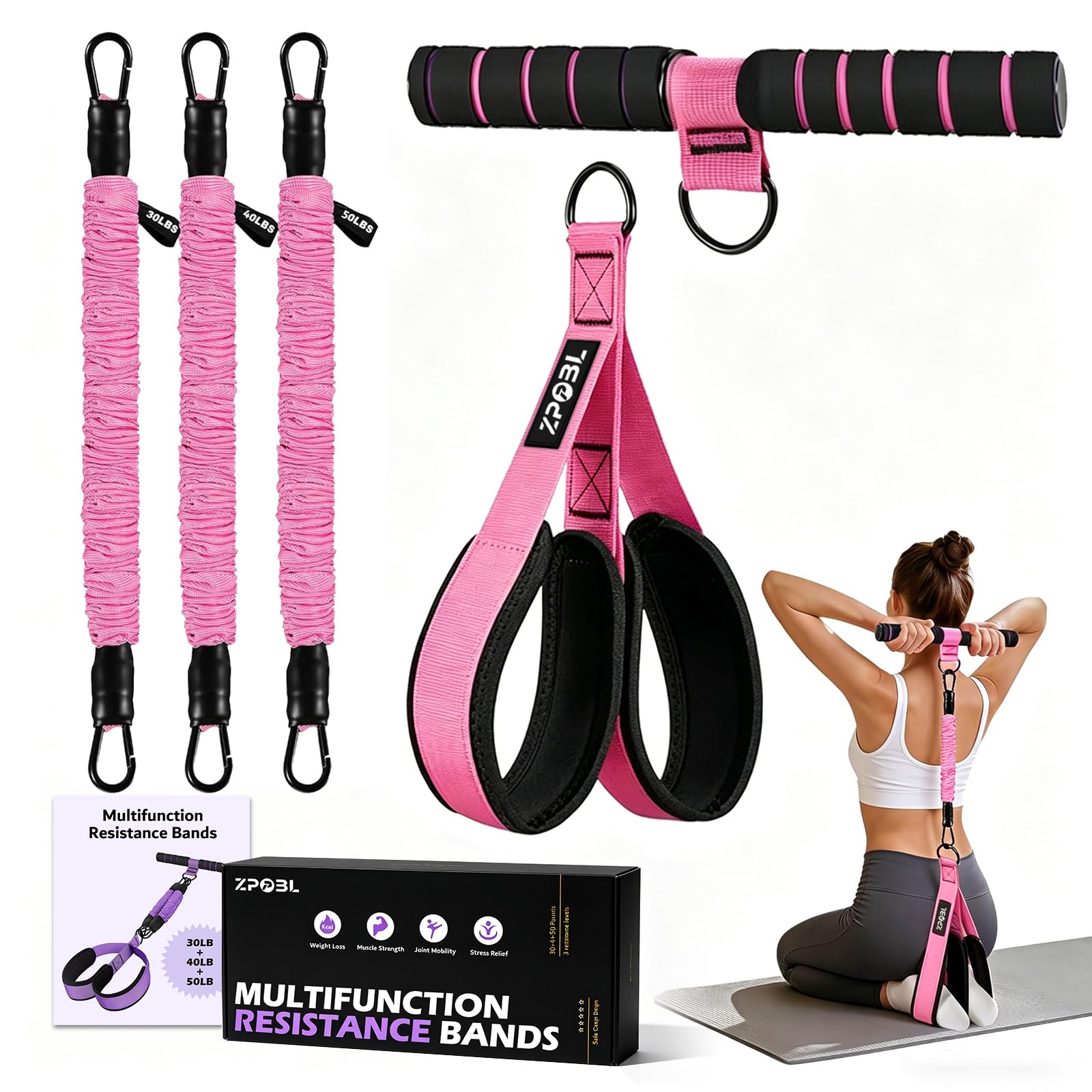 Multifunctional Portable Pedal Resistance Band with Handle for Women - 3 Adjustable Tubes for Core(30/40/50LB), Abs, Arm &amp; Leg Workouts | Home Gym Equipment