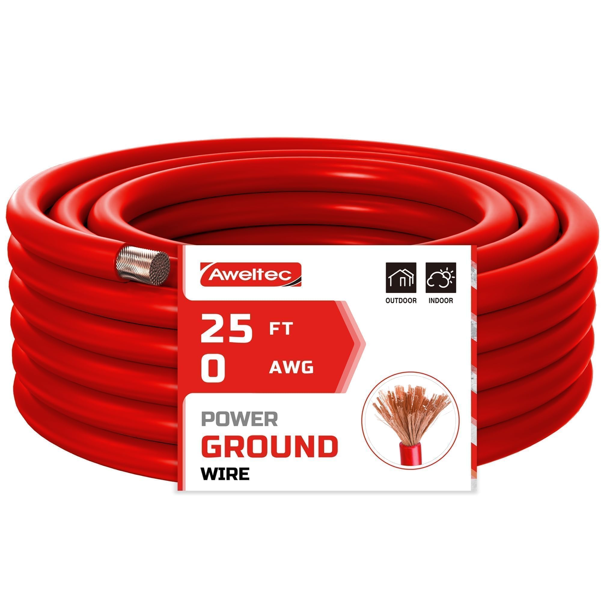 AWELTEC 0 Gauge Wire, 25 Feet Red Power Ground Cable, Primary Automotive Wires, Copper Clad Aluminum for Battery Cable, Car Audio, Amp Wiring,