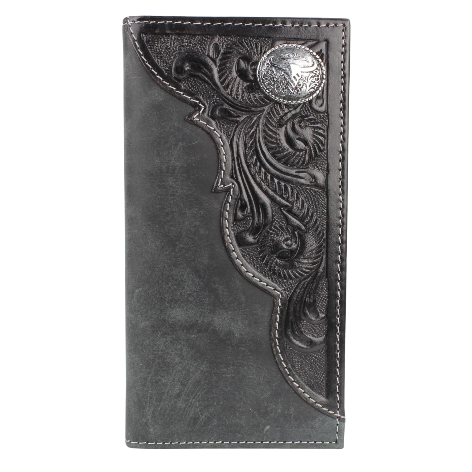 American Bison Tooled Side Rodeo Wallet with Conchos – Oil Pull Up – Durable, Stylish & RFID Protected (Long Horn, Black)