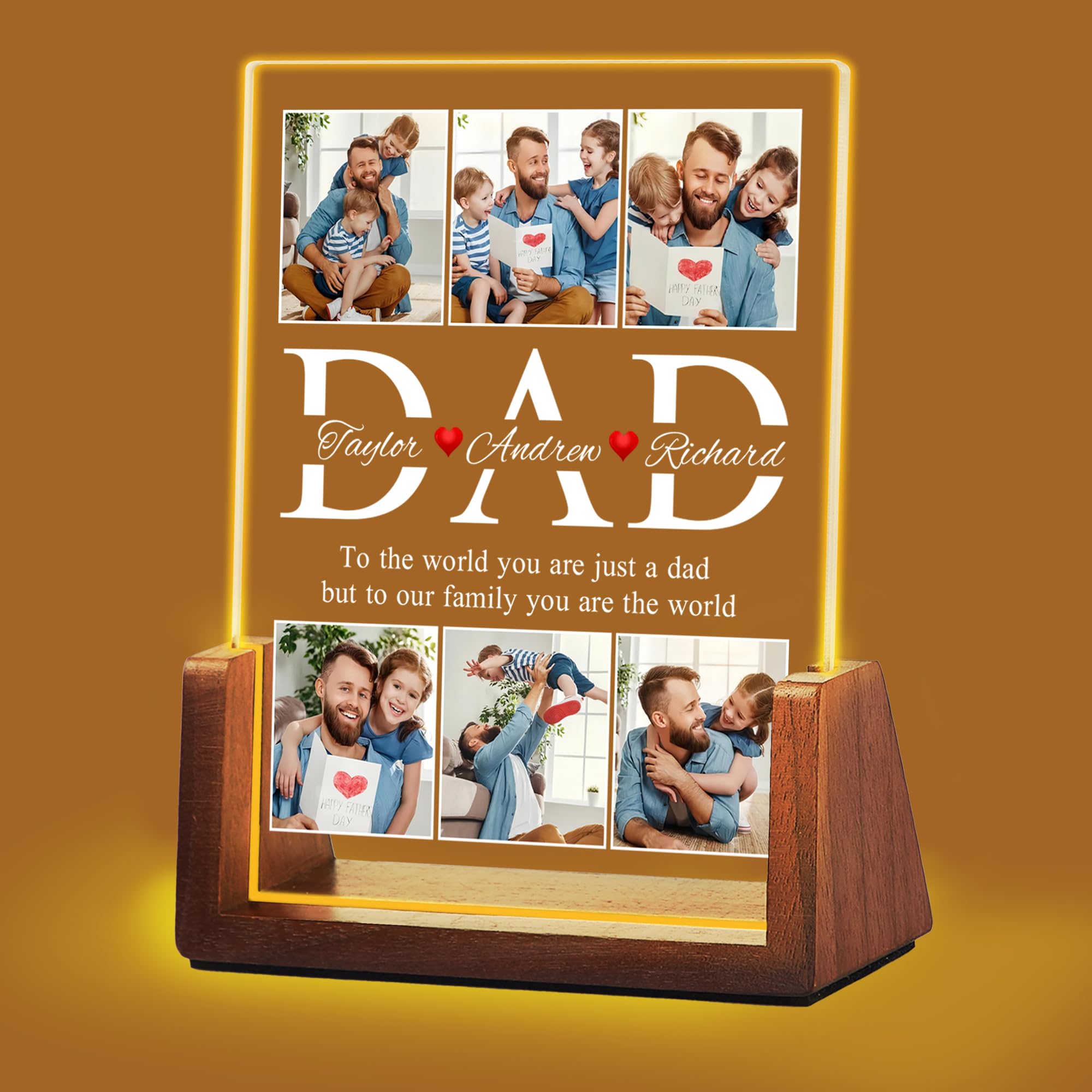 Idiyfun Personalised Christmas Gift for Dad from Daughter Son Kids, Customized Acrylic Plaque LED Walnut Photos Frame with Night Light, Fathers Day, Birthday Gift for Dad Father PAPA DADA Husband