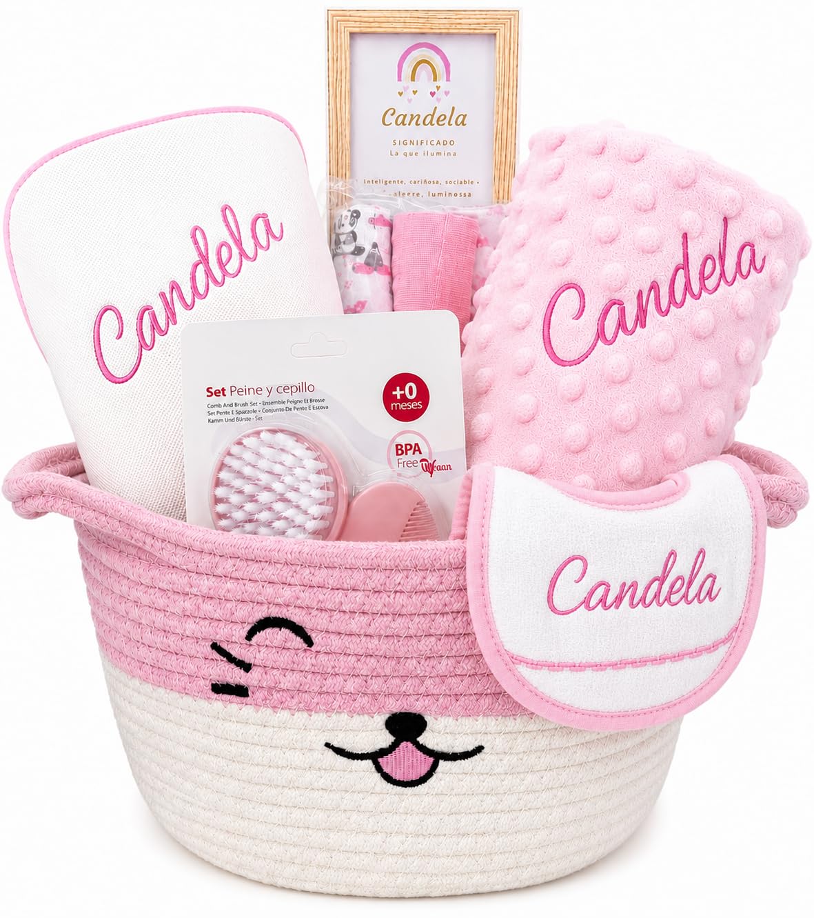 Canastilla Bebé Personalizada con Nombre Bordado | Regalo Recién Nacido | Cesta Bebé Premium con Manta Minky, Toalla, Babero, Muselinas y Accesorios | Danielstore (Rosa)