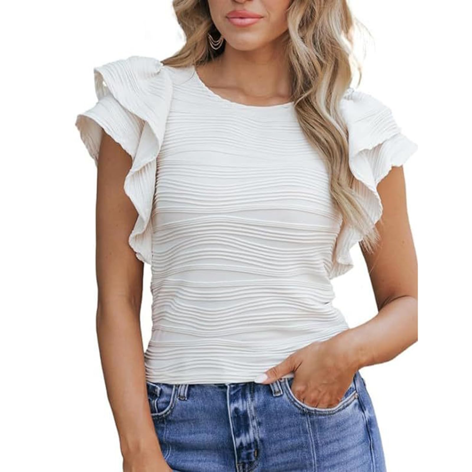 bephible Camiseta de manga corta con volantes y cuello redondo, plisada, para mujer, casual, color liso, blusa ajustada