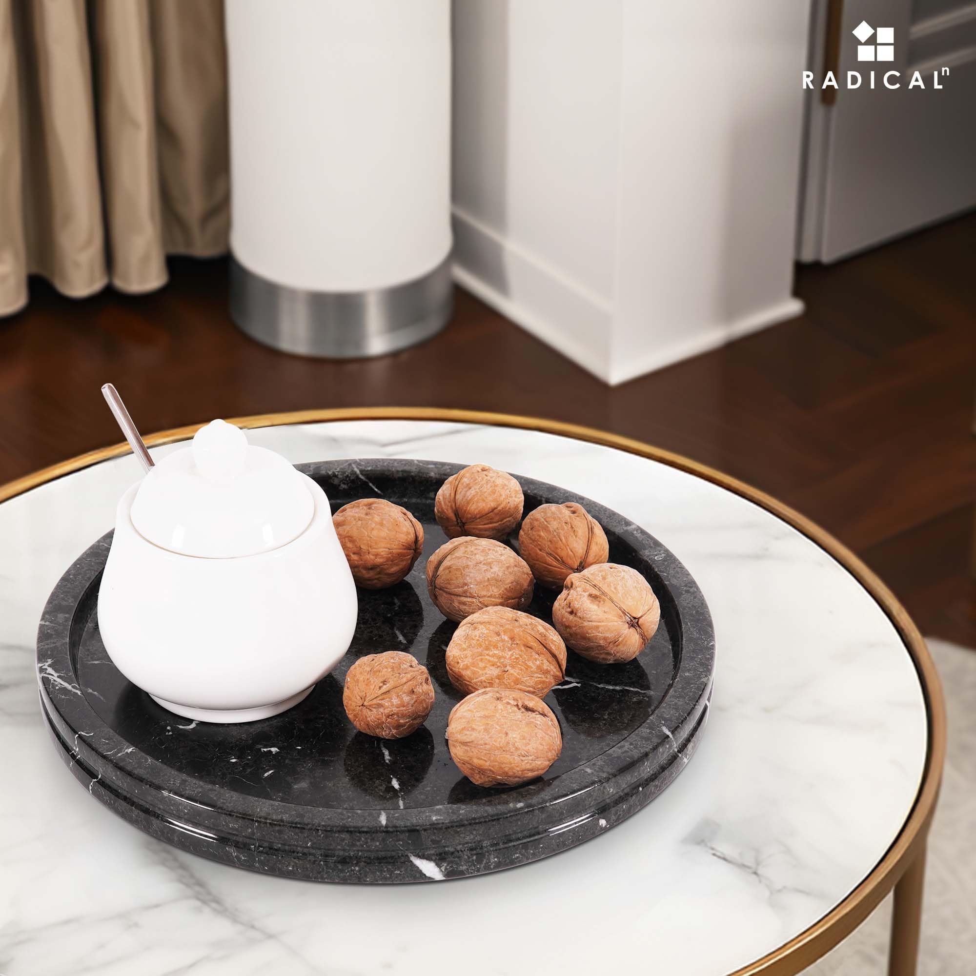 Radicaln Bandeja redonda de mármol para tocador y mostrador de baño, bandeja de servir de 10 pulgadas | Bandeja de piedra decorativa negra hecha a mano para perfume, joyas y velas, bandeja de servir para fiestas