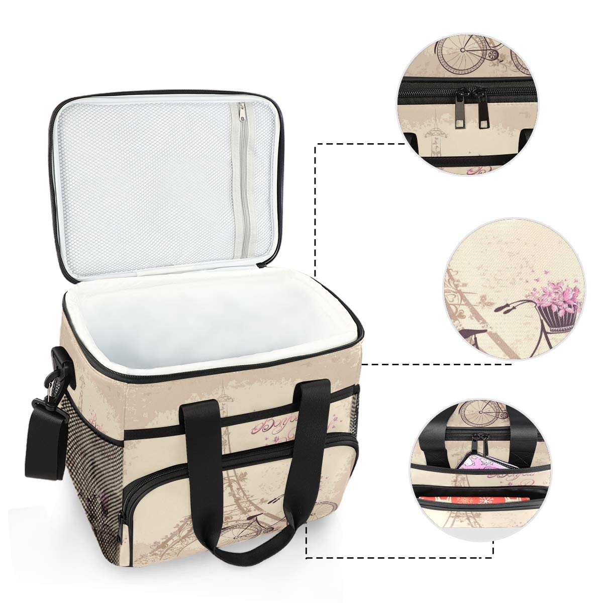 ALAZA Retro Floral Paris Eiffel Tower Large Cooler Insulated Picnic Bag Lunch Box for Adult Men Women