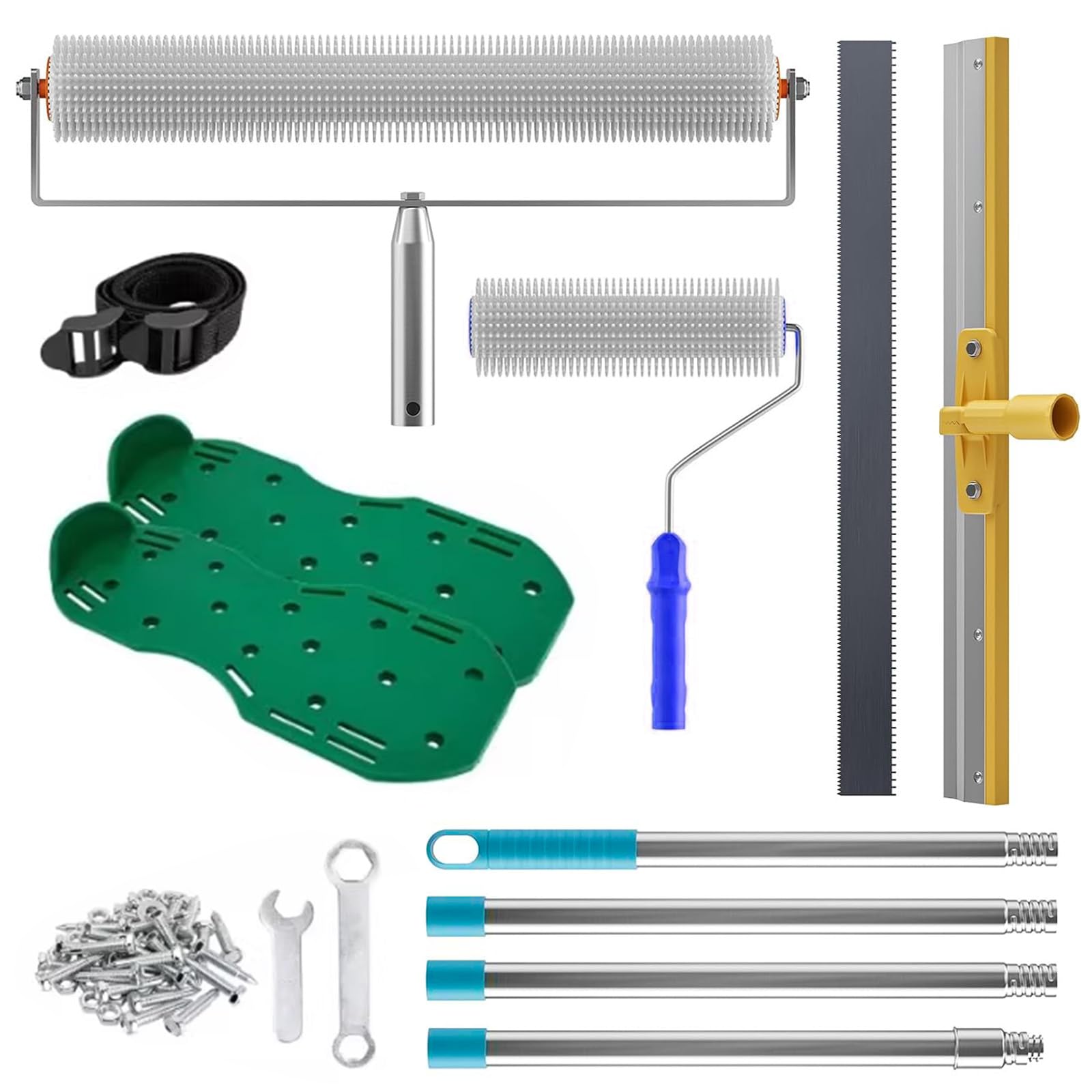 Set di attrezzi per il rivestimento del pavimento, composto di compensazione con rullo di sfiato da 50 + 10 cm, spatola da 56 cm (spina obliqua da 3 mm), scarpe per unghie e manico telescopico 40