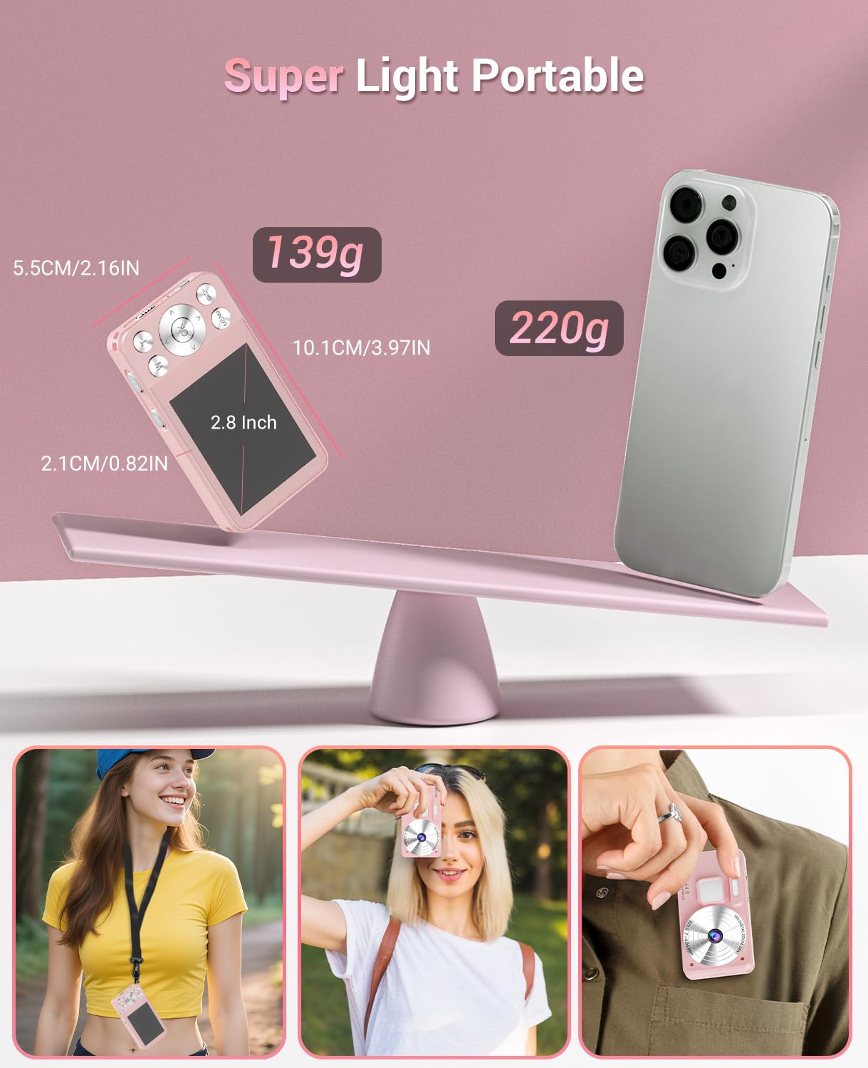 Macchina Fotografica Digitale 4K 64MP, Wevoor 32GB Fotocamera Digitale | Fotocamera Compatta, 2,8” Schermo, Zoom Digitale 18x, Batteria da 2000mAh per Principianti Bambini Adolescenti - Rosa