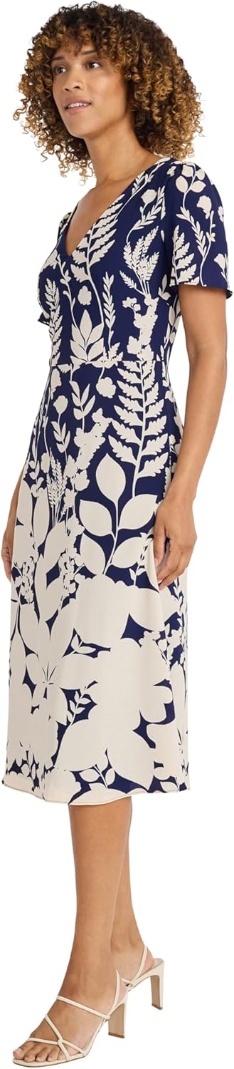 Maggy London Midi Summer V-Neck, A-line Cocktail & Wedding Guest, Bridal Shower Attire, Blue Dress Women - Image 3