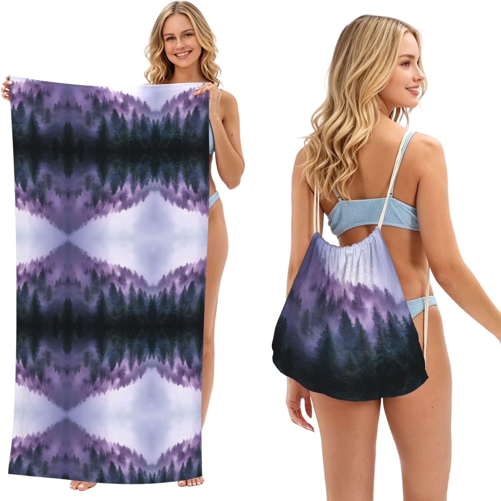 EZDLOWVBA Morning Mist Forest Print Beach Towel Backpack 2 In 1 Summer Large Lightweight Beach Towel - Multifunctional Ship Pattern Towel Bag For Storage,Sport