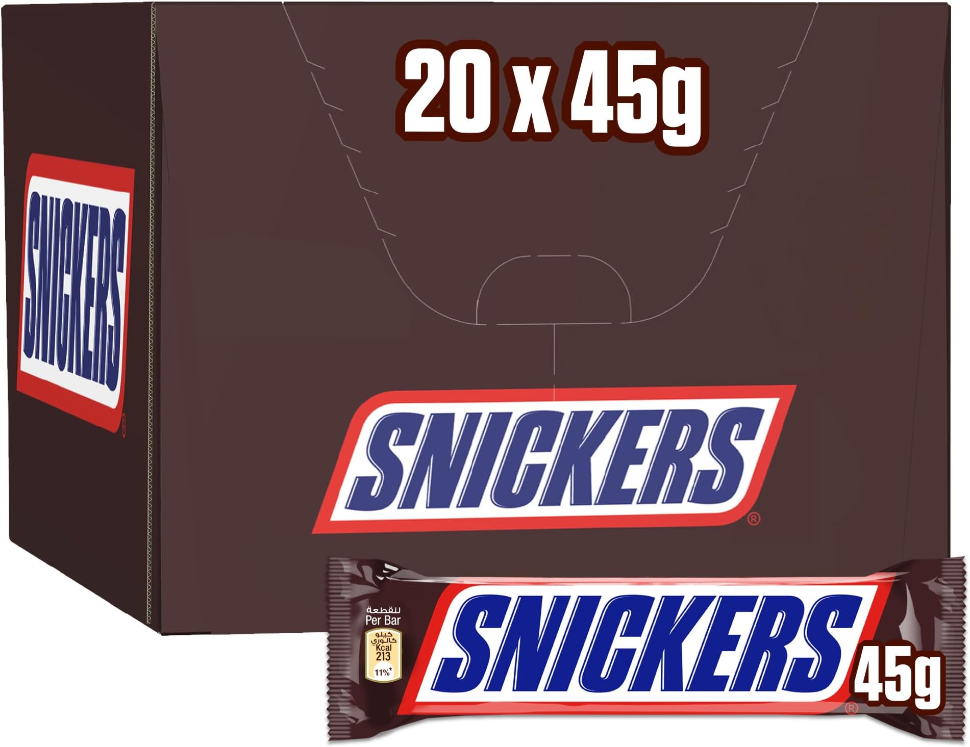 Snickers Chocolate Original, Pack of 20x45g, Chocolate Bar, Nutritious Chocolate with Roasted Peanuts, Nougat, and Caramel
