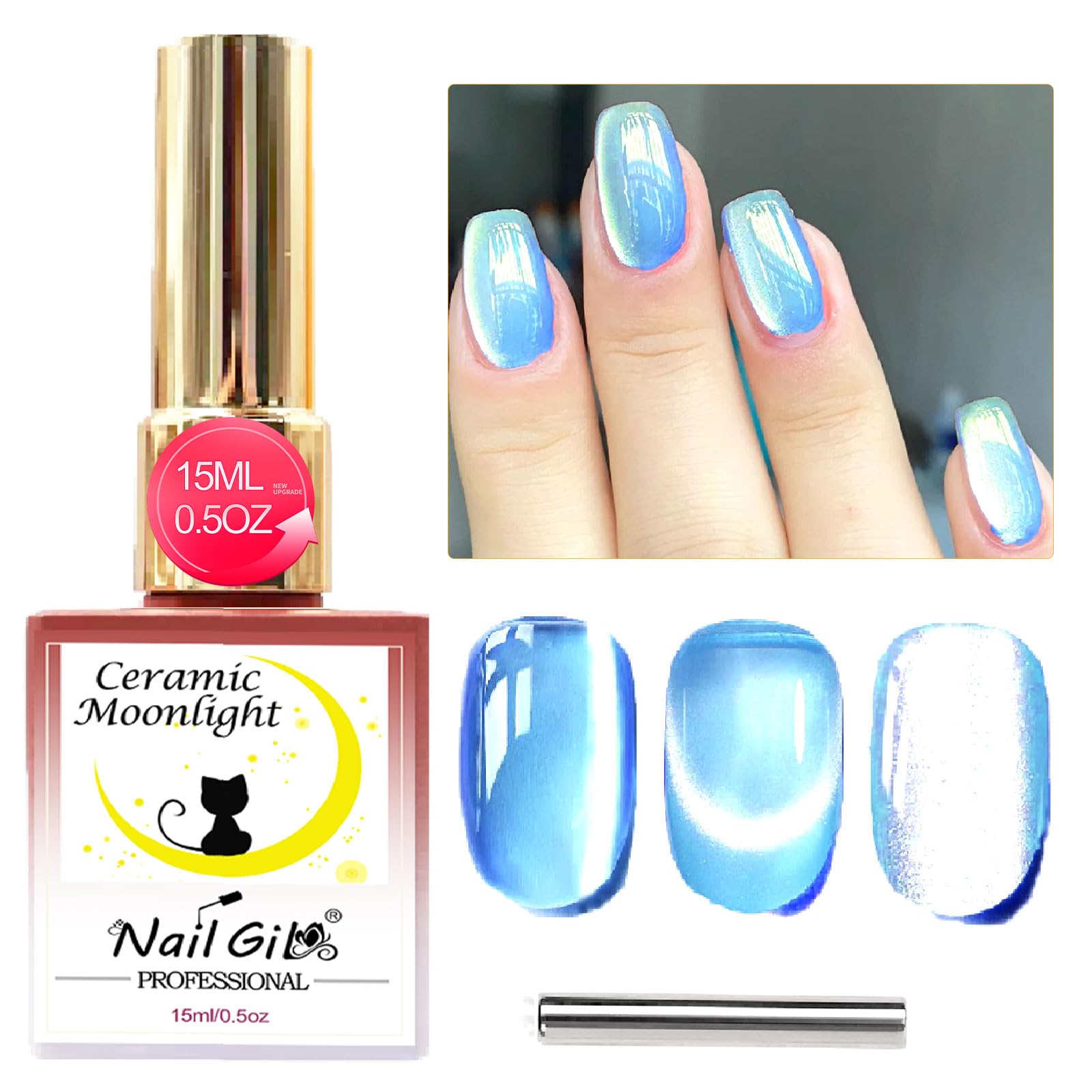 NAILGIL Jelly Glass Cat Eye Gel Nail Polish 15ml Smooth Magnetic Gel Polish with Magnet Stick Ceramic Cats Eye Nail Gel Shimmer Translucent Sheer Gel