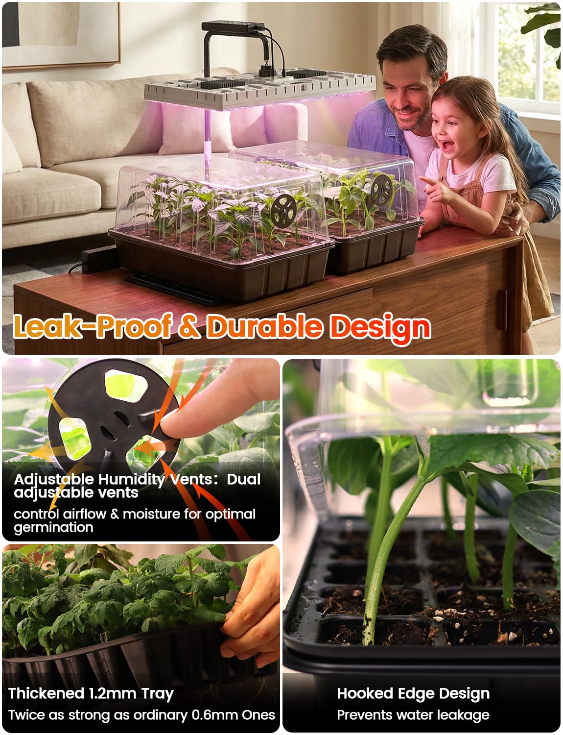 MetryGrow Bandeja de inicio de semillas de 80 celdas con luz de crecimiento de espectro completo de 48 W y alfombrilla de calefacción de 30 W, cúpula ajustable y soporte de luz, base impermeable, kit