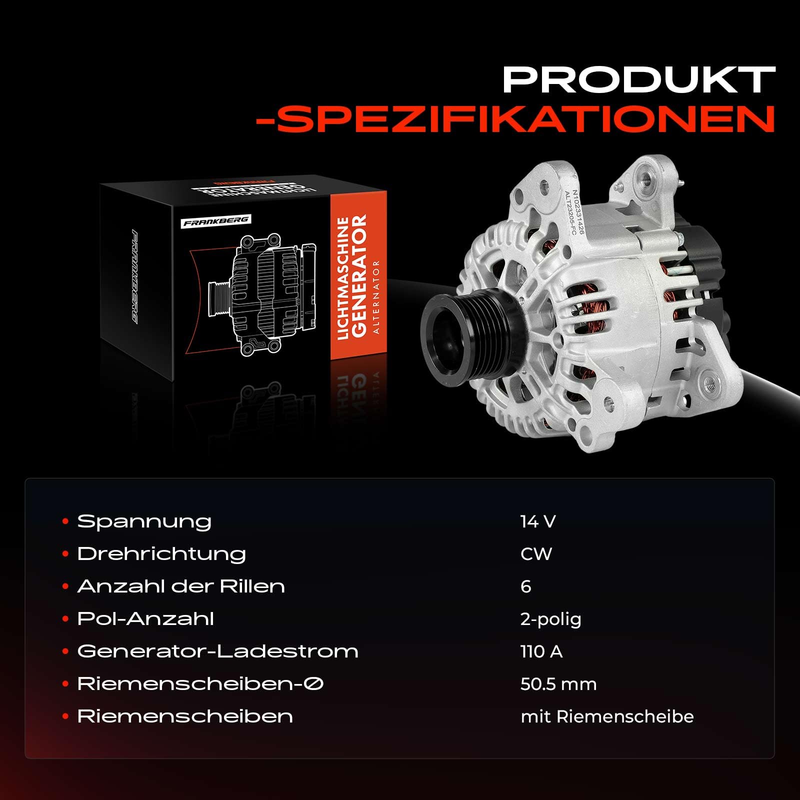 Frankberg Lichtmaschine Generator 110A Kompatibel mit Golf VI Variant AJ5 1.4L Benzin 2009-2013 Polo 9N 1.4L Benzin 2001-2009 Fabia II 542 1.4L Benzin 2007-2014 Replace# 0124325125