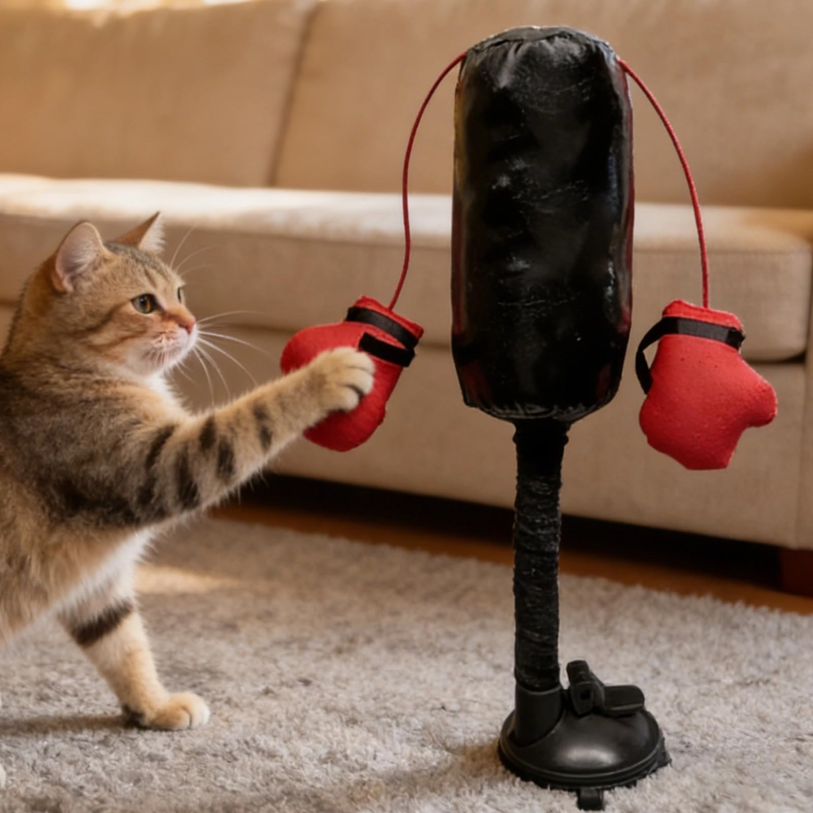 Interaktives Katzen-Boxsack-Spielzeug mit federnder Wackelbewegung, Boxhandschuhen, robustem Textil, Glocke und Katzenminze, festem Saugnapf-Standfuß, fördert Bewegung und Energieabbau