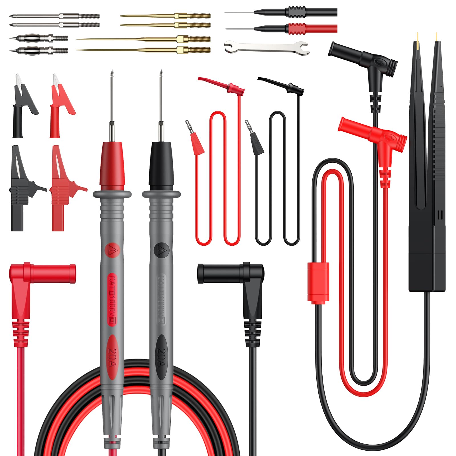 Proster Multimeter Test Leads Kit - 24 in 1 Electrical Lead Testing Set with Replaceable Gold-Plated Multimeter Probes Alligator Clips Test Hooks Insulation Piercing Clip Test Probes SMD Test Tweezer