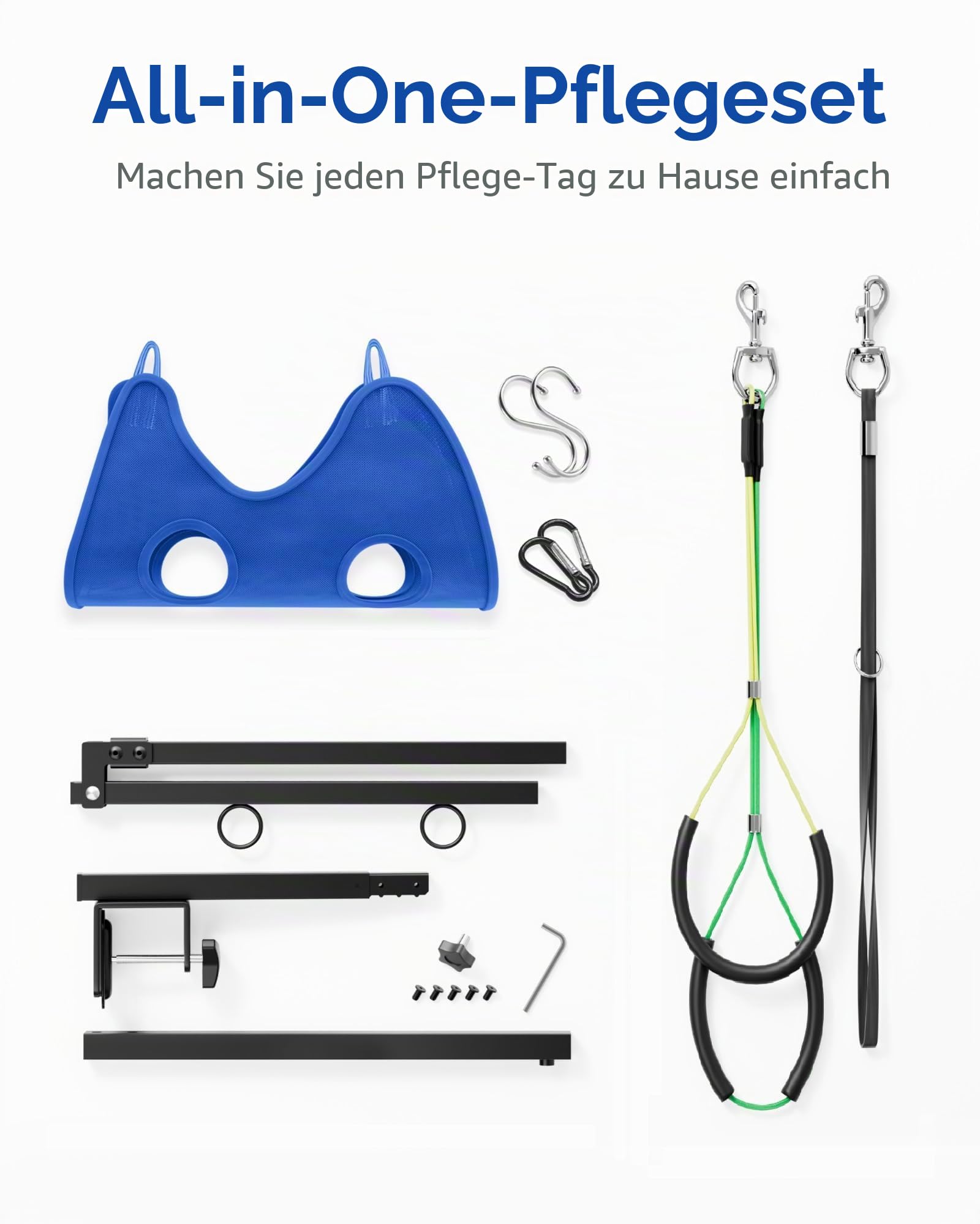 Hundepflege-Halterung für den Tisch - Fellpflegearm für Hunde – Höhenverstellbar 66-102 cm – Inkl. Pflege-Hängematte & Anti-Sitz-Gurt – Stabiler Trimmarm für Hundepflege, Baden & Scheren