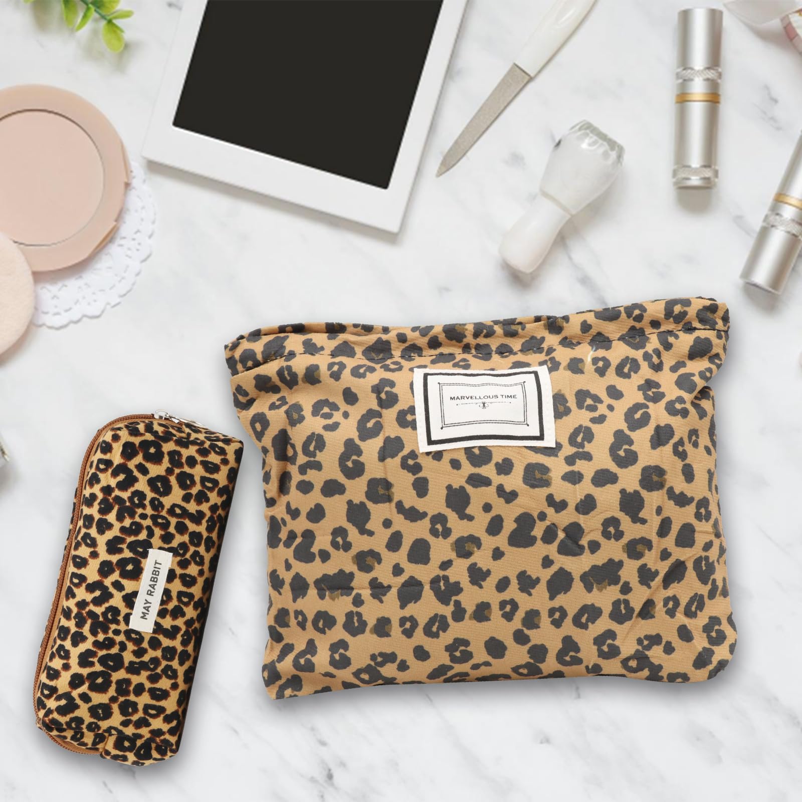 VEGCOO 2 Pezzi Borsa per Cosmetici per Donna, Stampa Leopardo Pochette con Cerniera Trousse Trucchi Organizer, Pochette Trucchi Viaggio per Regalo Compleanno Natale (Leopardo B)