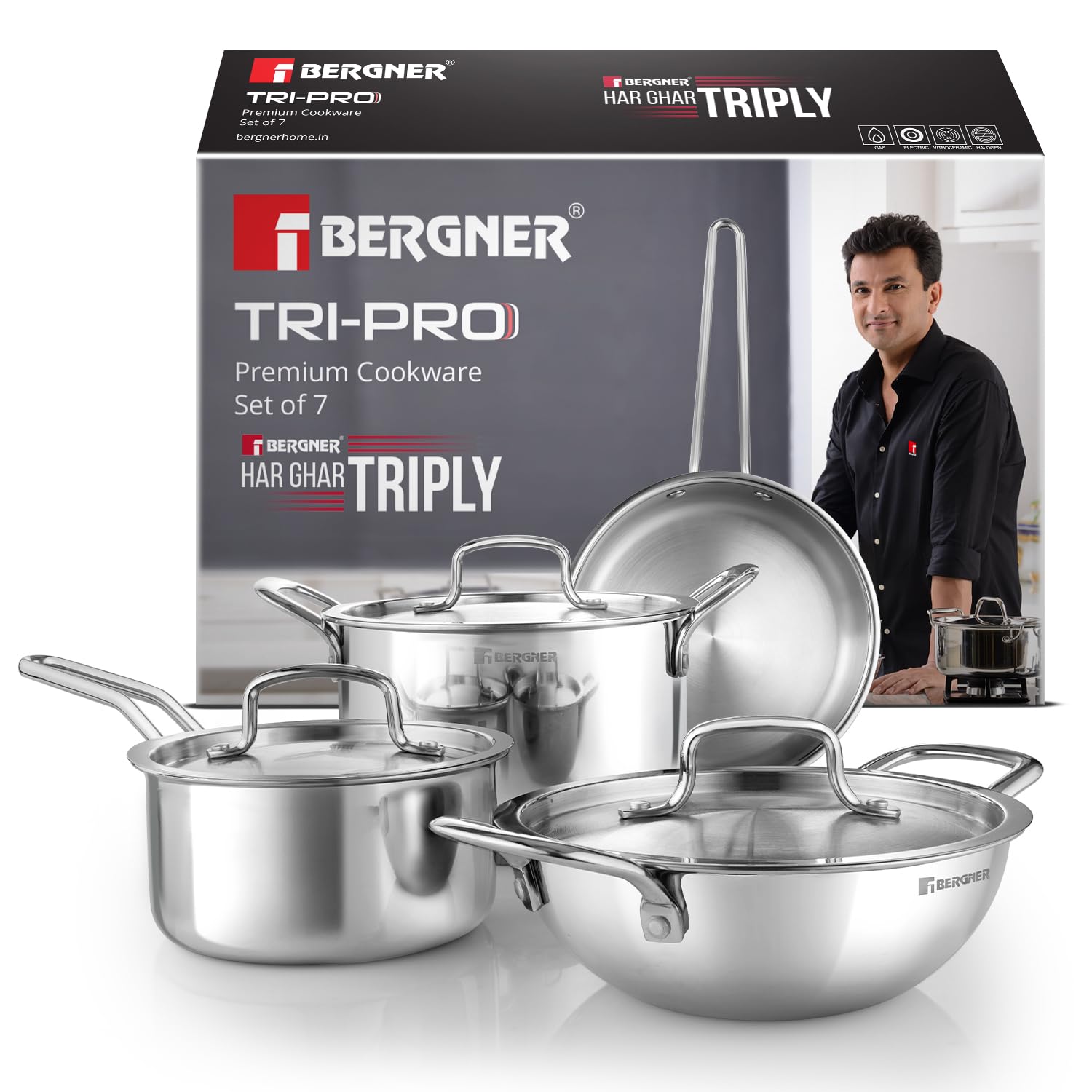TriPro TriPly Stainless Steel 7 Pcs Cookware Set - Deep Kadai 20cm (1.5 L), 20cm Sautepan (1.2 L), 16cm Saucepan (1.7 L), 20cm Casserole (3 L), 3 Stainless Steel Lids, Induction Bottom