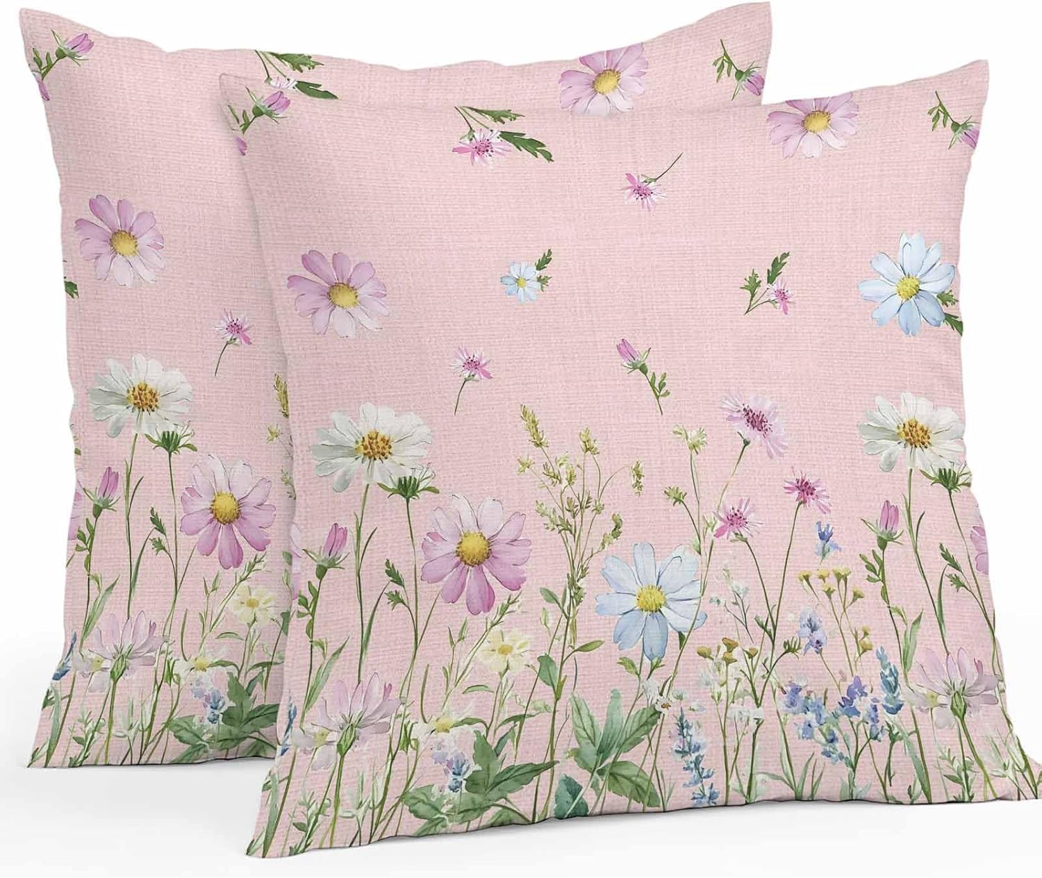 T&H XHome Outdoor Waterproof Throw Pillow Covers 18"x18" Set of 2 Flowers Pink Linen Bottom Herbs Decorative Cushion Cover Pillowcase for Garden Patio Tent Beach Bedroom Living Room Sofa Couch