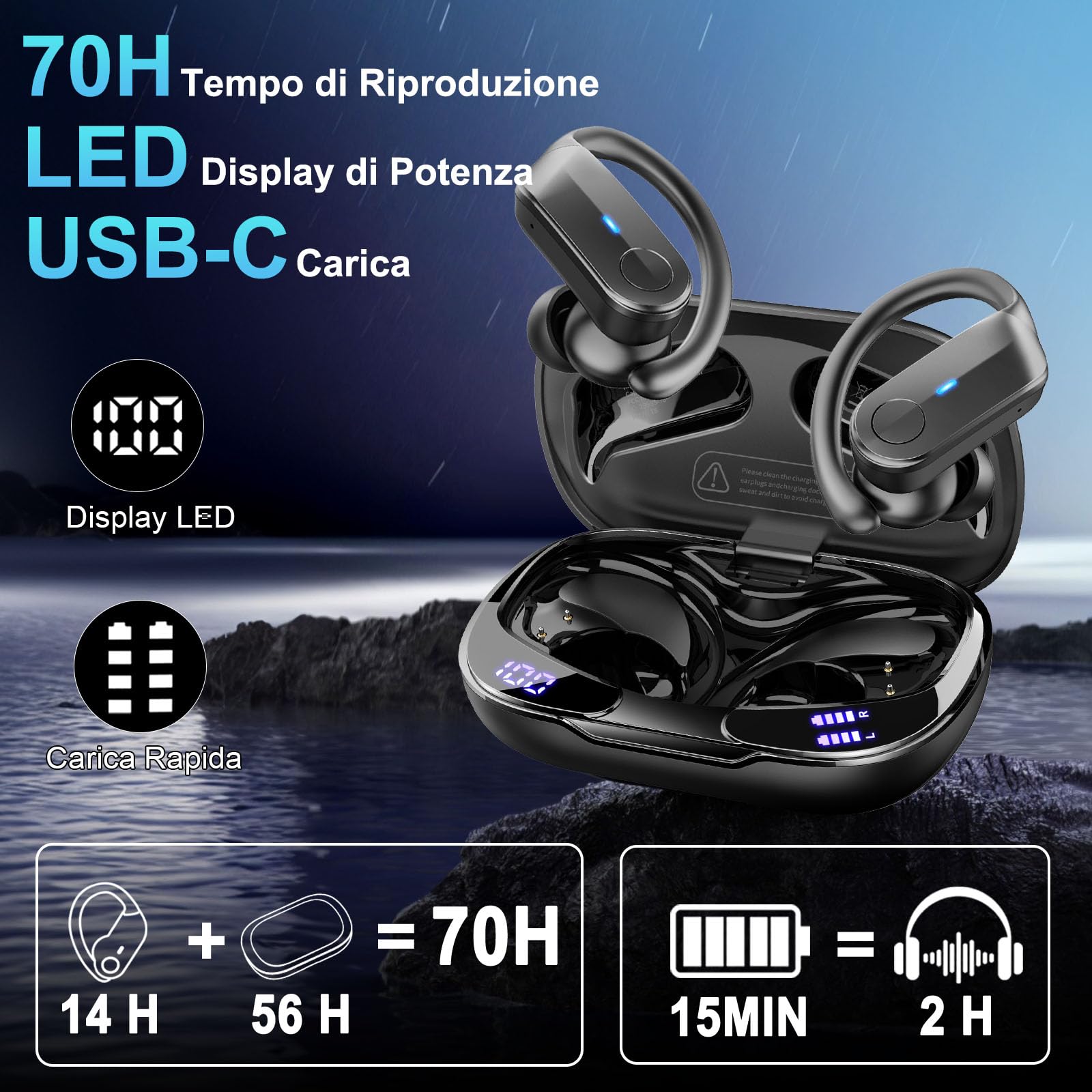Cuffie Bluetooth 5.4 Sport, Auricolari Bluetooth 70 Ore HiFi Stereo,Cuffie Wireless Impermeabili IPX8,4 ENC Cancellazione Rumore Mic,Con Display a LED, Headphones Per Corsa e Sport Estremi, USB-C