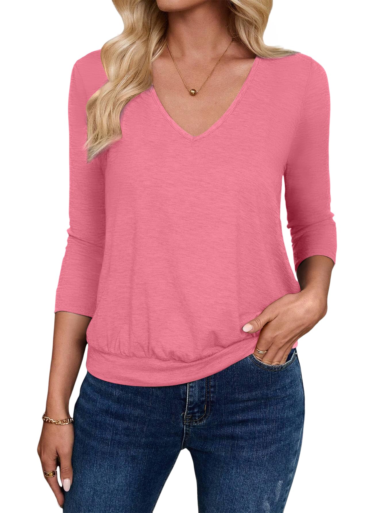 3 4 Length Sleeve Womens Tops V Neck Blouse Banded Bottom Shirts Fashion Tunic 2026 Fall Tees Spring