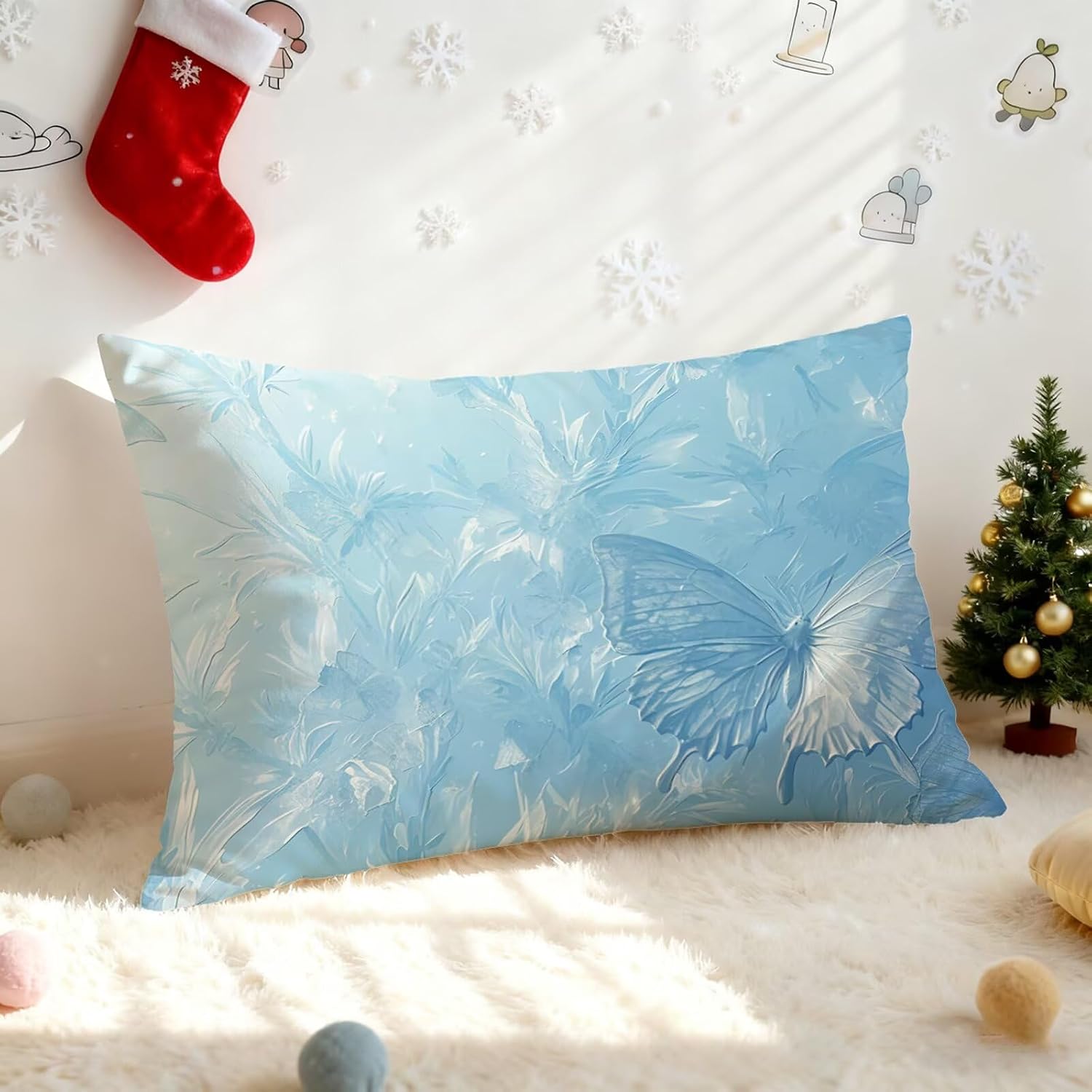 青 クッションカバー 70 x 90 cm 隠しファスナー付き,ベルベットpillow case 両面プリント柄，四季通用 【Fumete】
