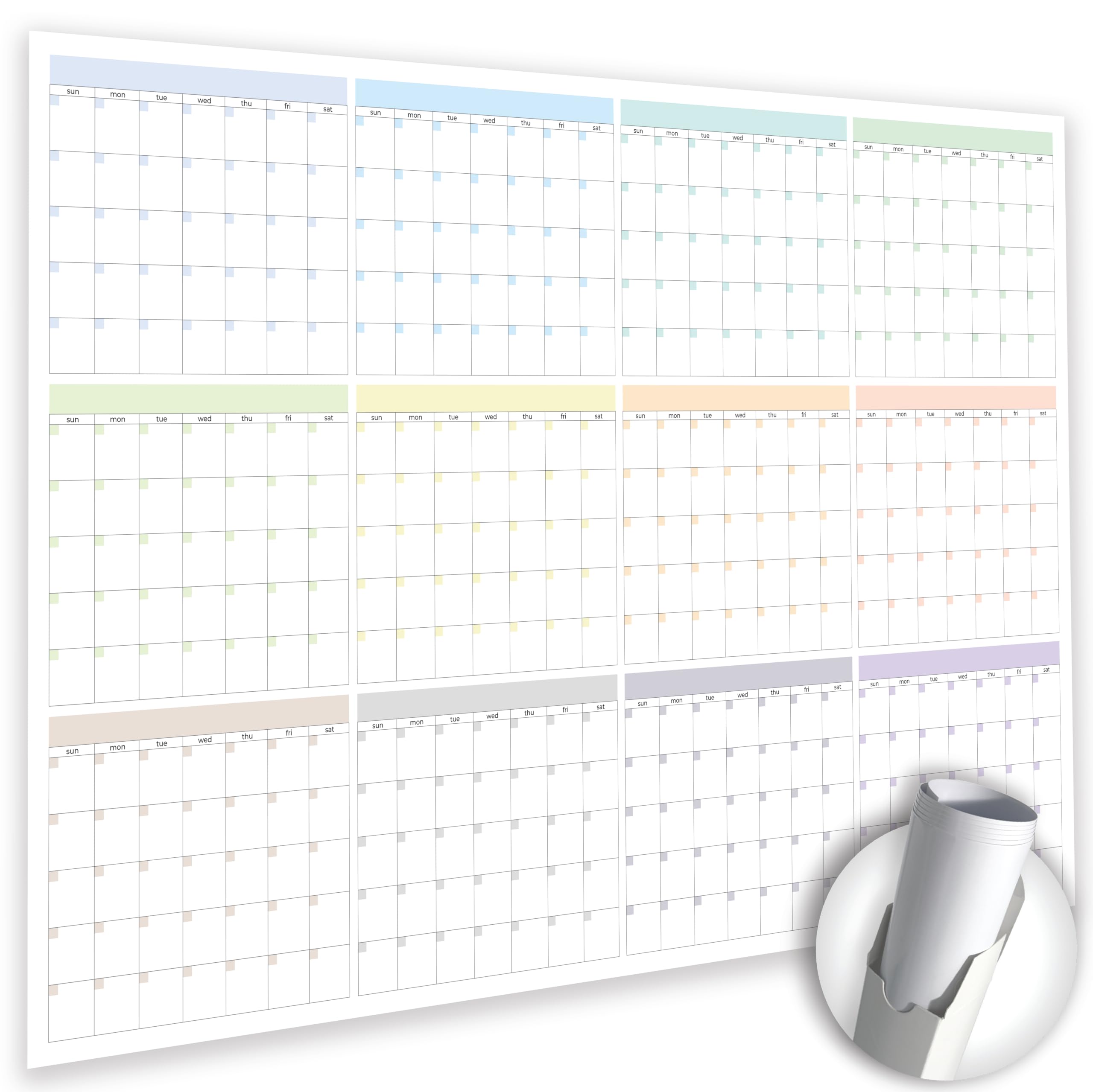 Grand calendrier mural non daté (99,1 x 68,6 cm – Roulé), planificateur mural annuel effaçable à sec, disposition horizontale, grand calendrier réutilisable pour la maison, le bureau et la salle de