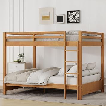 Queen Over Queen Bunk Bed, Heavy Duty Wooden Bunk Bed for Adults & Teens, Bed Frame with Ladder & Full-Length Guardrails, Space-Saving, Wood