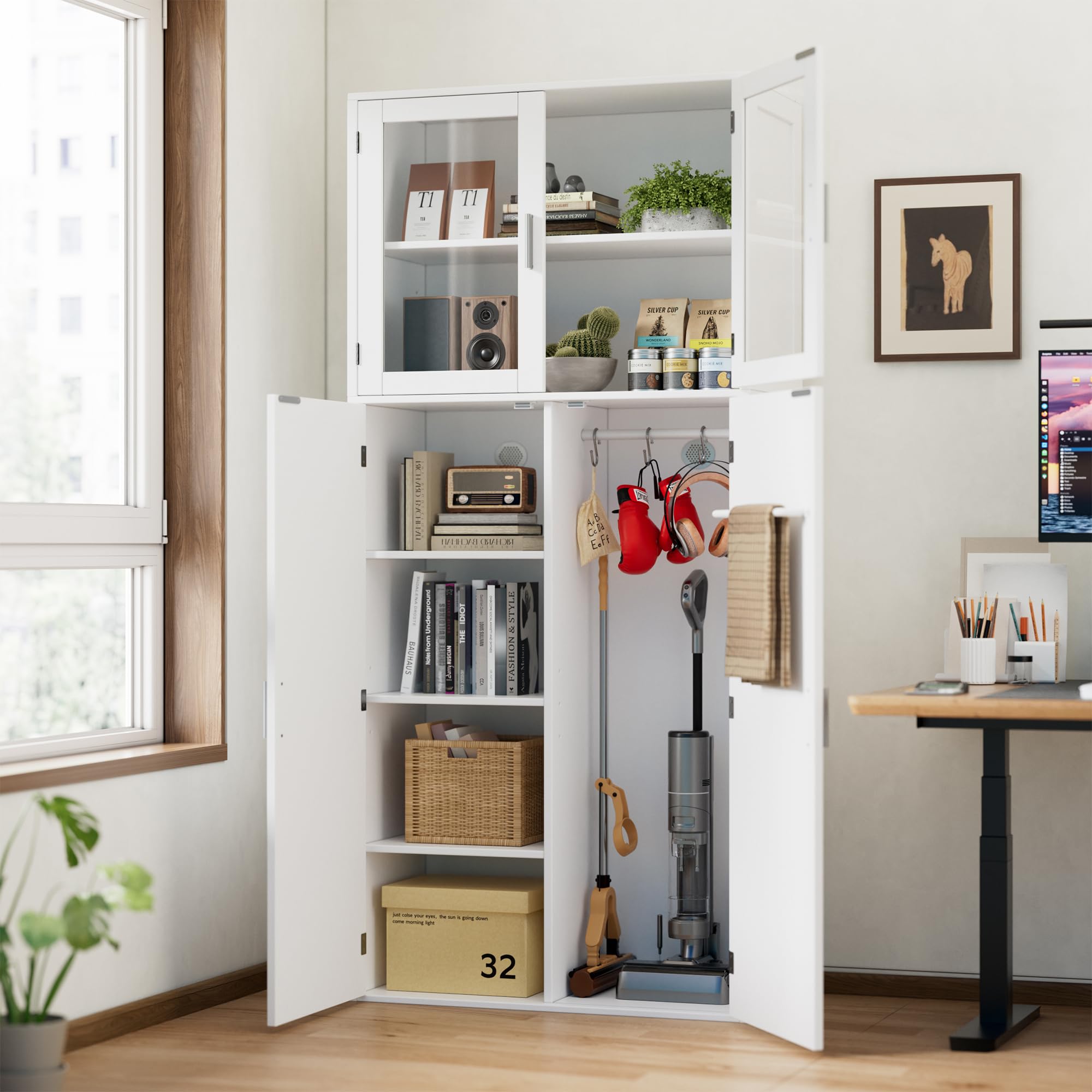 Armario Escobero Multiusos,180 x 70 x 30cm Armario Limpieza con 1 Estante ajustable,Armarios para Aspiradora de Madera,Armarios para el Hogar con Ventana de Acrílico,para cocina,salón,comedor y garaj