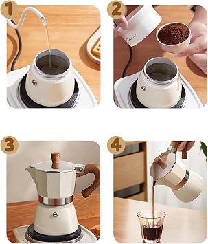 Moka Pot Stovetop Espresso Maker with Wooden Handle & Single Safety Valve Coffee Brewer for Gas/Electric/Camp Stoves (Cream White-3 Cups)