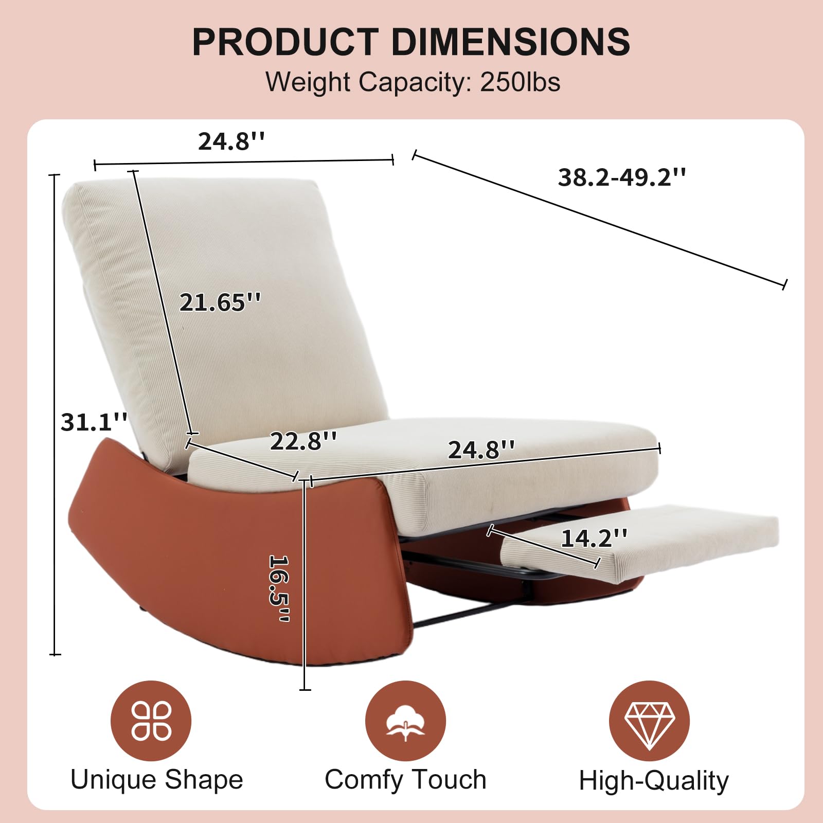 NIOIIKIT Nursery Rocking Chair, Corduroy Upholstered Glider Chair with Footrest, Leisure Glider Rocking Chair with Thick Seating, Accent Rocker Recliner for Living Room (Orange)