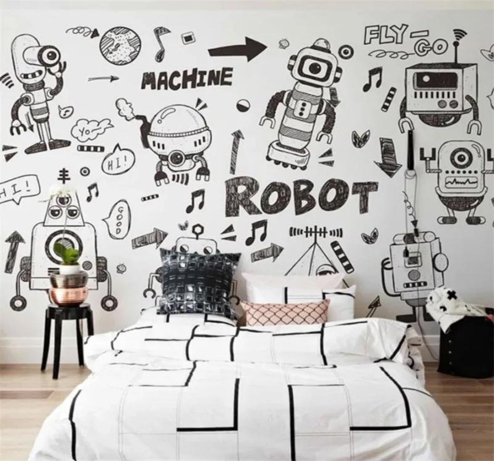 Tzxztt 400Cm×280Cm(B×H) Hand Drawn Sketchy Robot Black And White Line Art Sketch Modern 3D Wallpaper Premium Textured Silk Neutral Tones Material Ideal For Living Room Bedroom-400Cm×280Cm