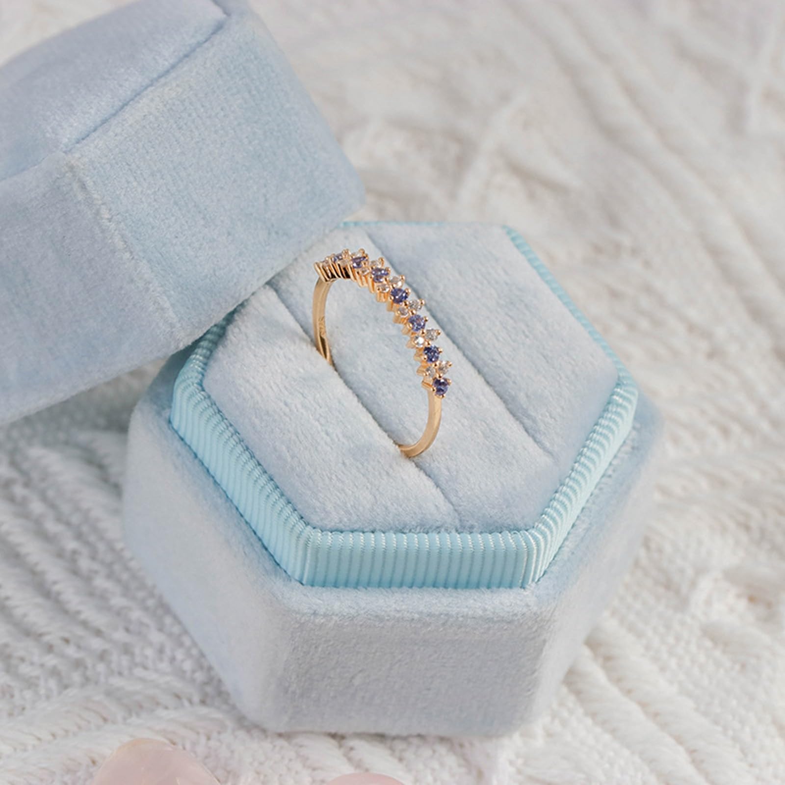 Anillo apilable de oro rosa 9 K/14 K/18 K para mujer, anillo fino con tanzanita sintética delicada