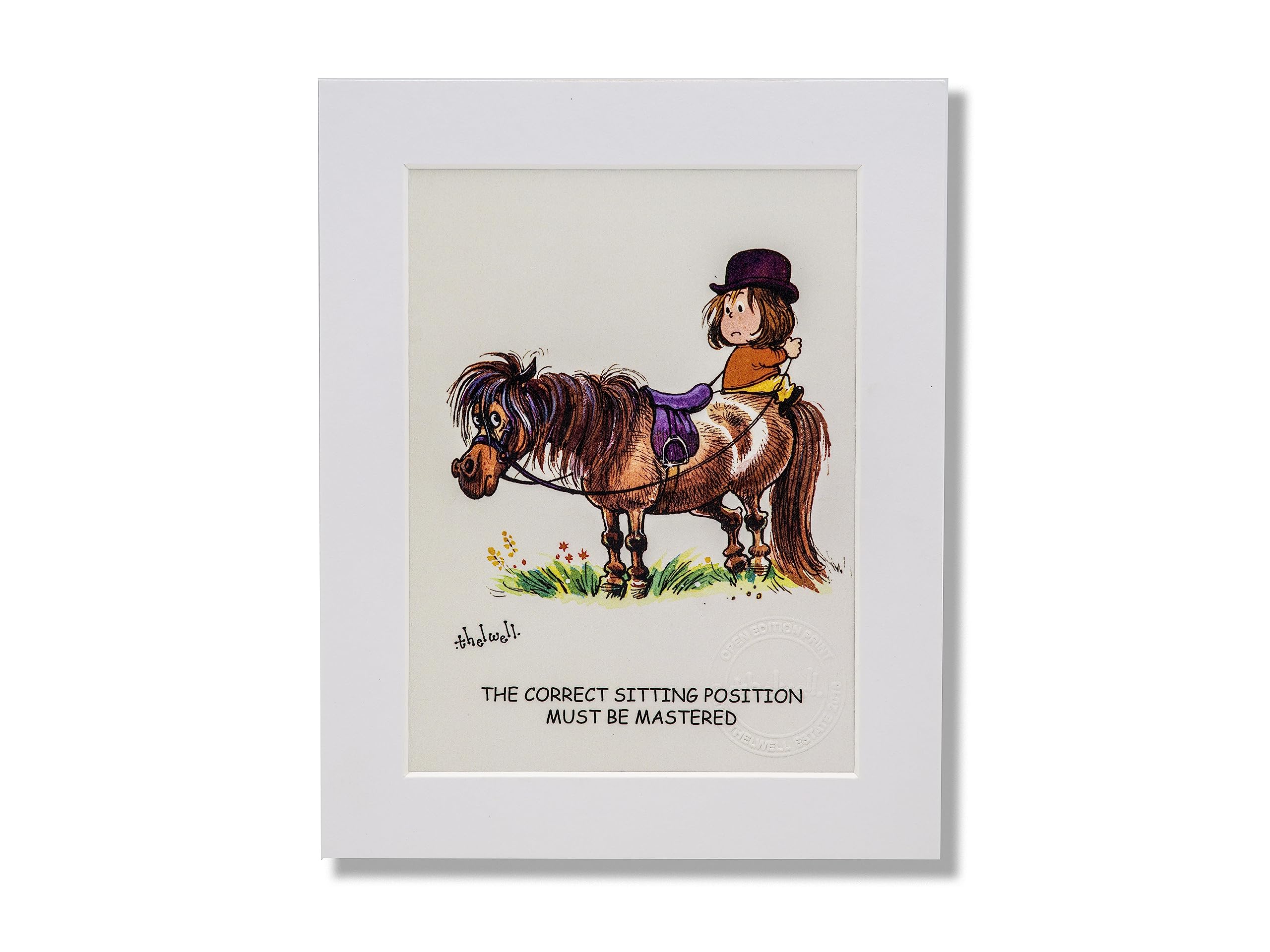 Thelwell Horse riding cartoon print, mounted and ready to frame. The correct sitting position must be mastered