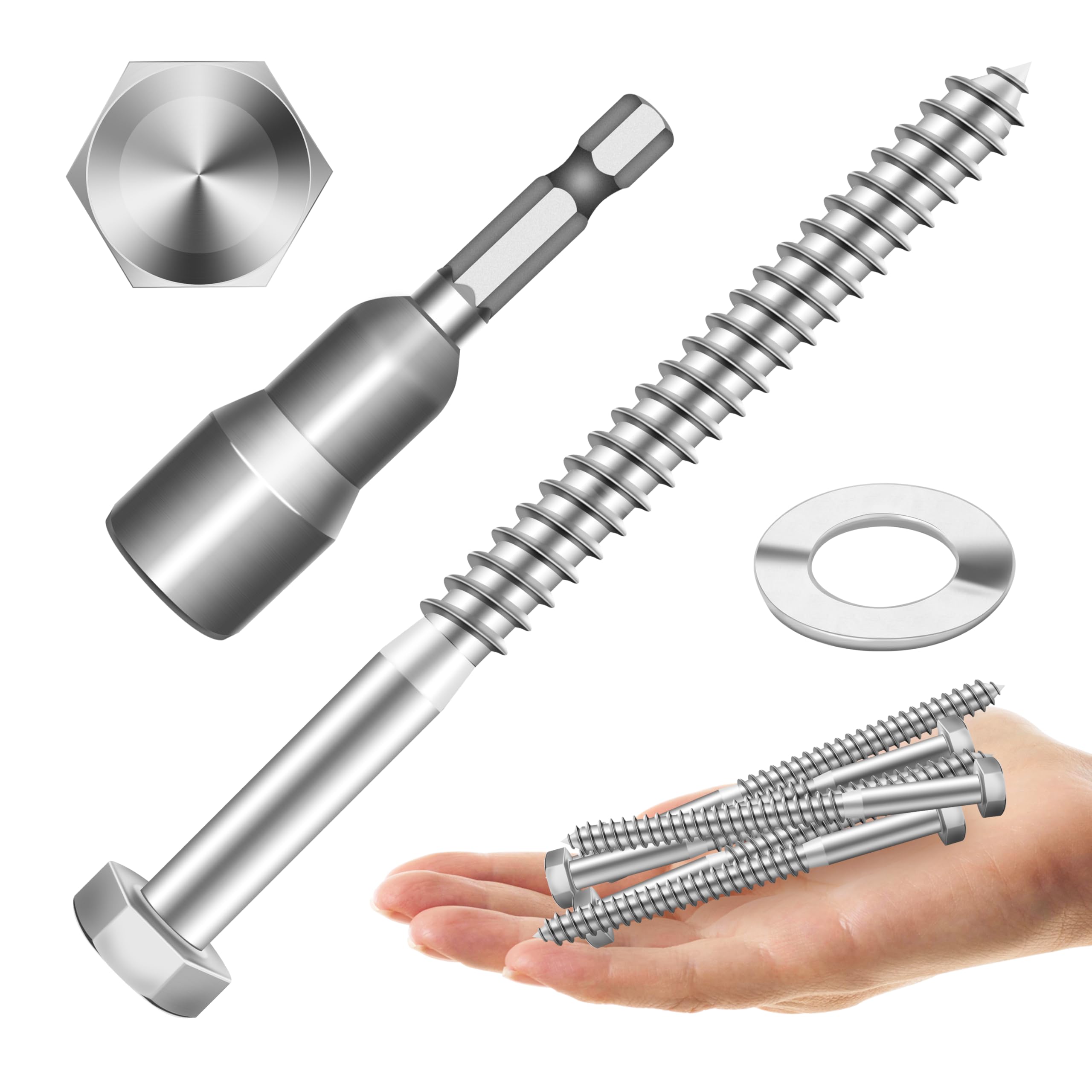 (10Sets) 5/16" x 4" Hex Head Lag Bolts, Heavy Duty Lag Screws with Washers, 304 Stainless Steel Bolts 18-8, Lag Screws Wood Screws, Partial Thread