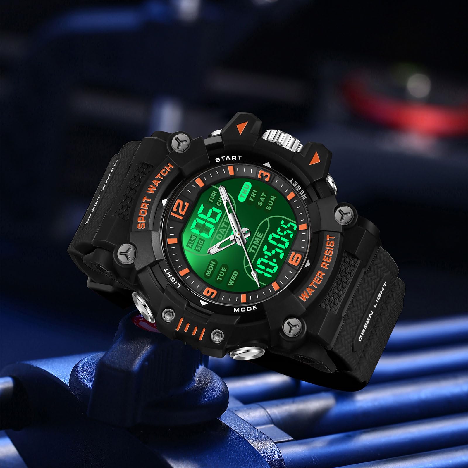 findtime Reloj analógico digital para hombre, reloj deportivo para exteriores, esfera grande, resistente al agua, 5 ATM, iluminación LED, relojes militares para hombres con despertador, fecha