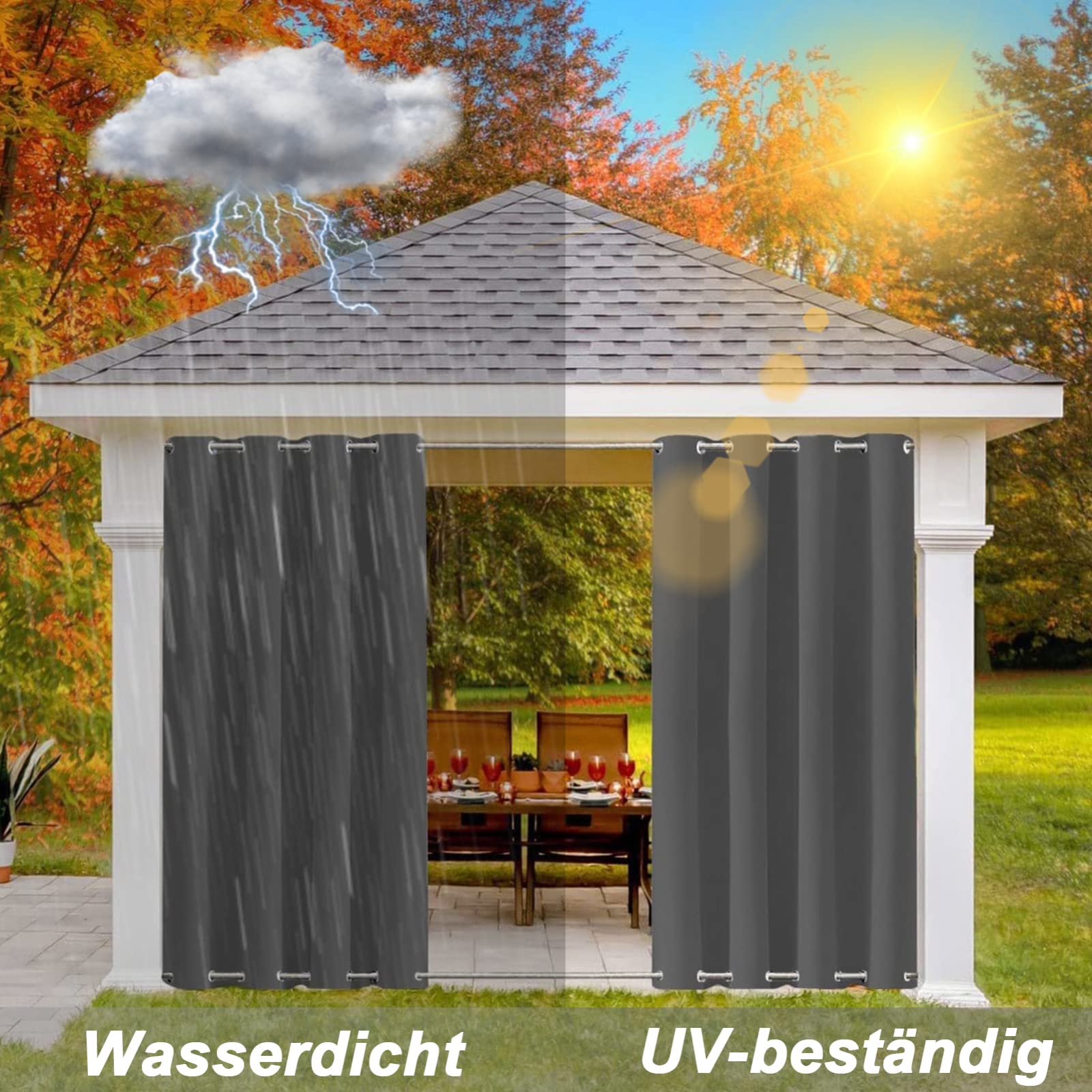 Outdoor Vorhang Wetterfest mit Ösen Oben und Unten, Wasserdicht Windschutz Outdoor Vorhang UV Schutz Sichtschutz Verdunkelungs Vorhang für Terrasse Pergola Gartenlaube, 1 Stück,Grau-B213xH183cm