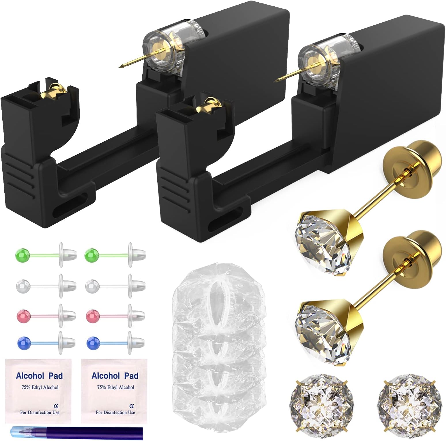 KAIQIKAIXI 19Pcs Ear Piercing Kit Disposable Sterile Ear Piercing Kit Painless Ear Piercing Gun Tool with CZ Size 5 mm Golden Earring Studs (Golden, 5mm)