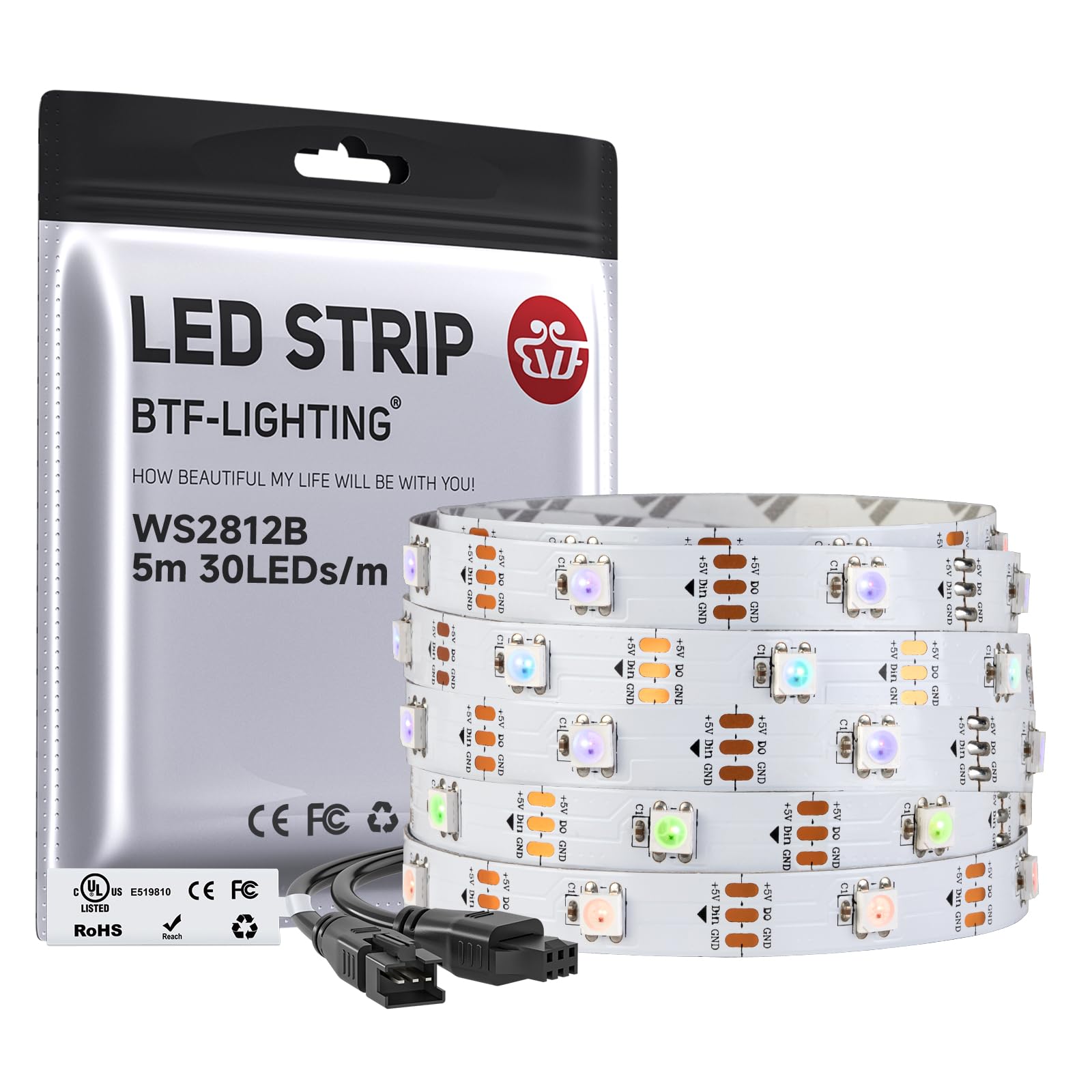 BTF-LIGHTING WS2812B 16.4ft 5m 30LEDs/Pixels/m Individually Addressable 5050SMD LED Strip White PCB Full Color Flexible LED Pixel Strip Dream Color IP30 Non-Waterproof DC5V for Indoor Lighting