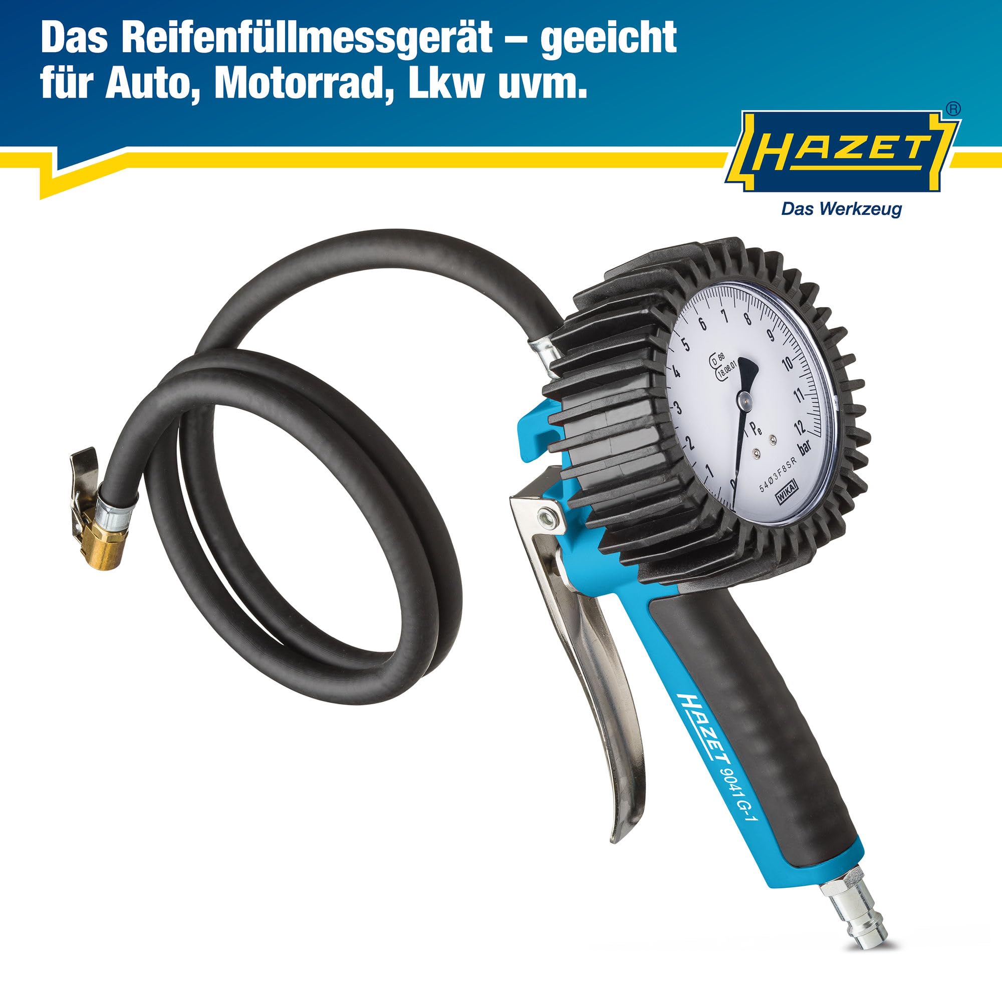 Hazet 9041G-1 Reifenfüll Messgerät, Geeicht, Ablesbar, Manometer Messbereich, 0 bis 10 Bar, Schlauchlänge, 1000 Mm, Durchmesser, 80 Mm, 1 Count