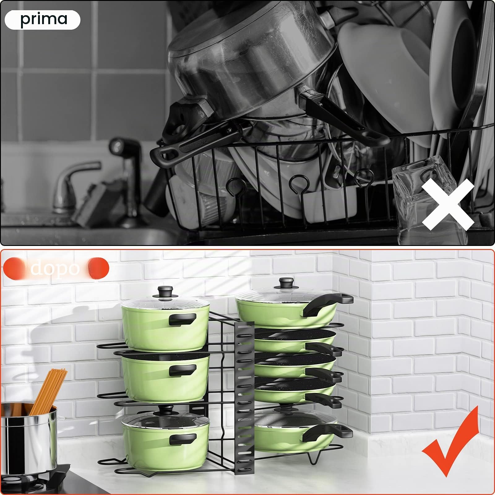 Contenitore Acciaio al carbonio per pentole nell'armadio con 8 scomparti regolabili, coperchio casseruola, per cucina piatto, Nero