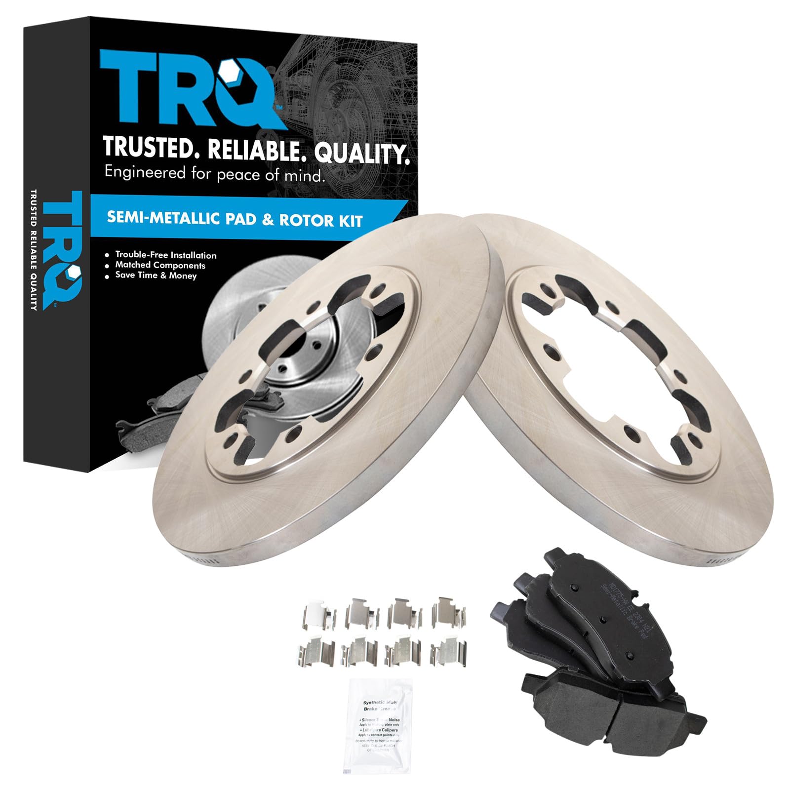 TRQ Rear Brake Pad and Rotor Set Semi Metallic Compatible with 2015-2019 Ford Transit-350 HD
