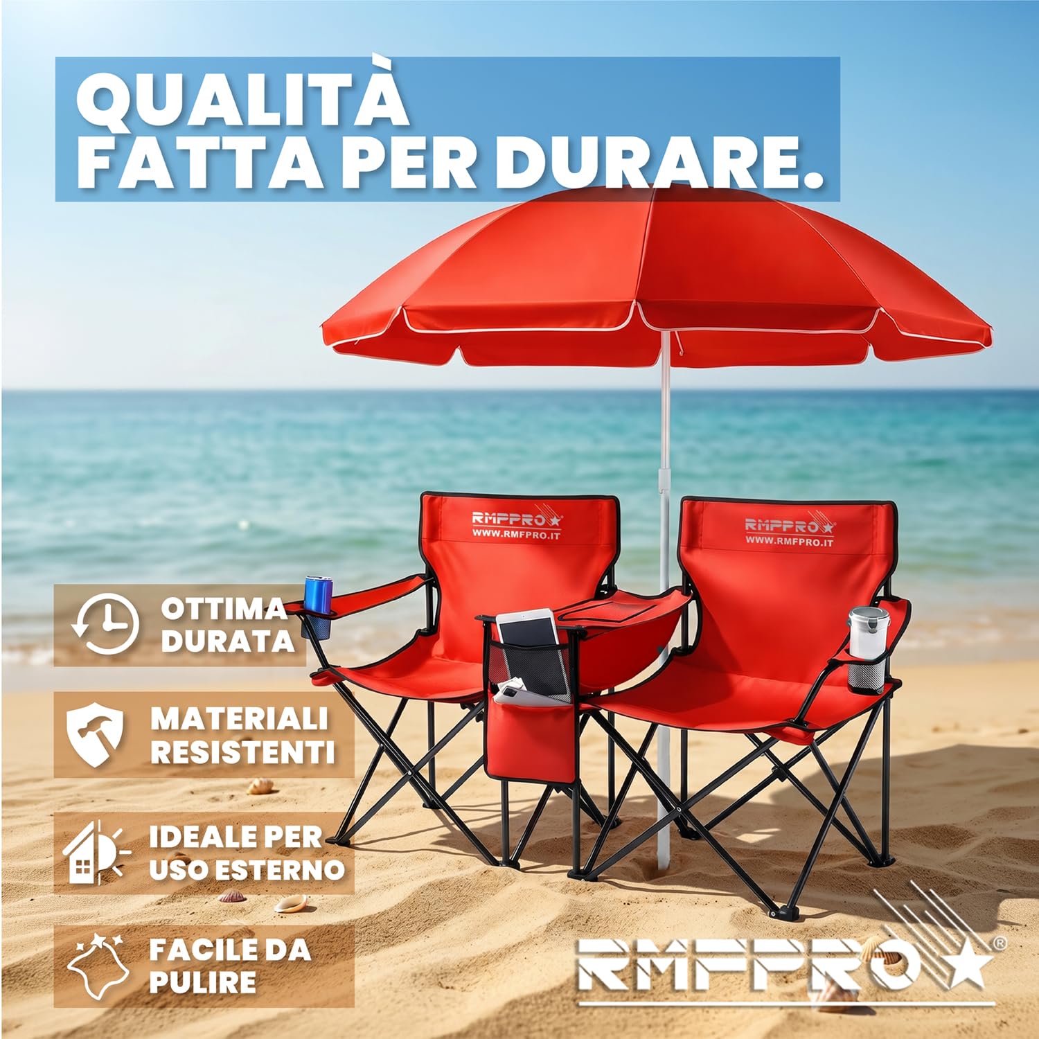 Set con Ombrellone e 2 Sedie da Esterno ideale per Mare o Campeggio, con Borsa Termica Centrale e Portabevende - Ideale anche per Pesca, Struttura in Acciaio con Custodia per Trasporto (Rosso)