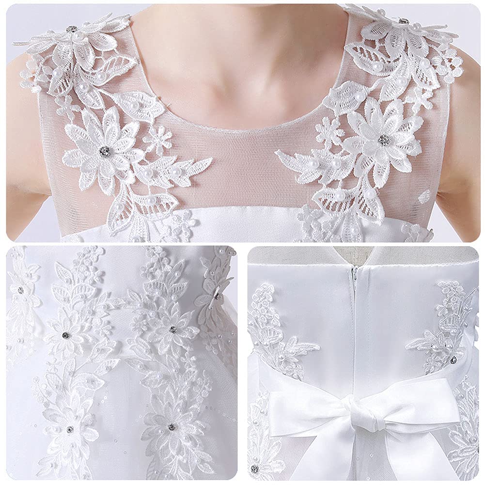 Vestito lungo da bambina con fiori ricamati da principessa, linea A, abito da damigella d'onore, per la prima comunione, per il compleanno, per le feste, A#bianco., 9-10 Anni