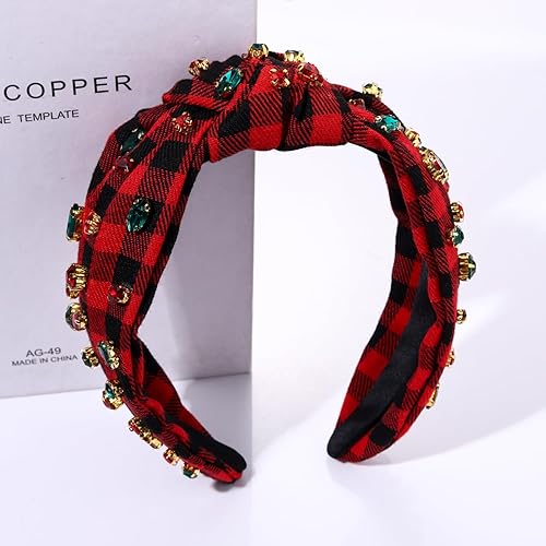 Miniatura 7 de CEALXHENY Diadema de Navidad para mujer, diadema anudada de cristal con diamantes de imitación rojo y verde, con joyas de Navidad, a cuadros, con