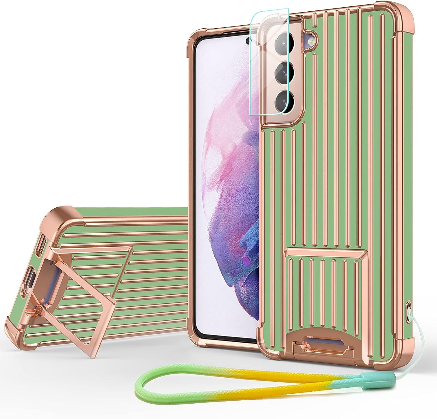 PTUONIU Kickstand Case for Samsung Galaxy S21+ Plus, [Two-Way Stand] [Reinforced Drop Protection] [Anti-Scratch] Slim Shockproof Stand Case with Camera Protector+Strap for Samsung S21+ Plus-Green