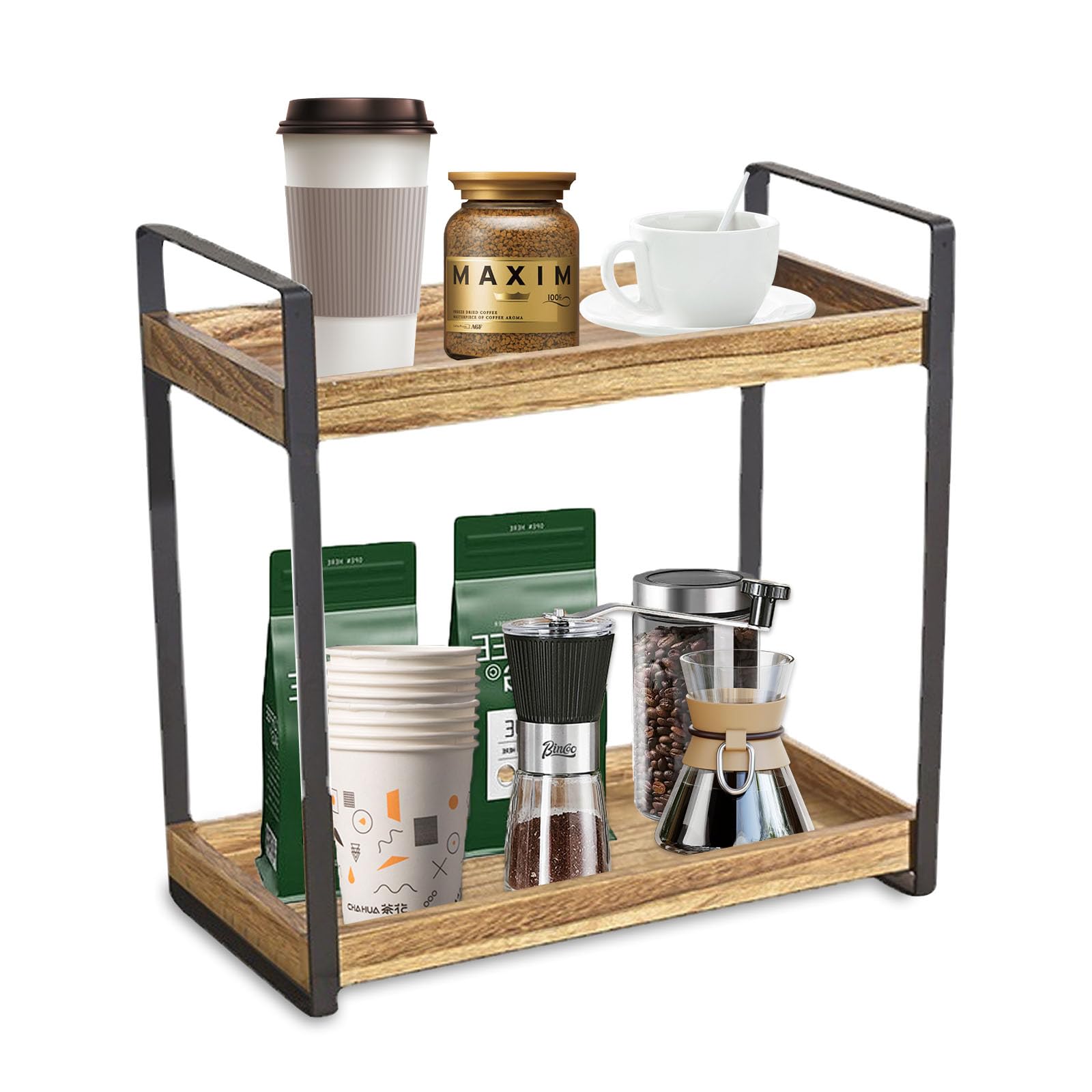 Gzsekken 2 Tier Coffee Bar Accessories Organiser, Wooden Kitchen Counter Shelf, Standing Coffee Station and Organiser